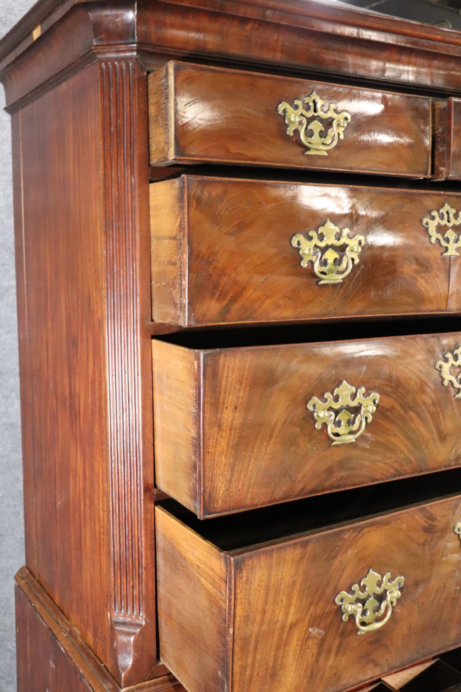 Antique English Flame Mahogany Georgian Walnut Chest on Chest with Desk 2