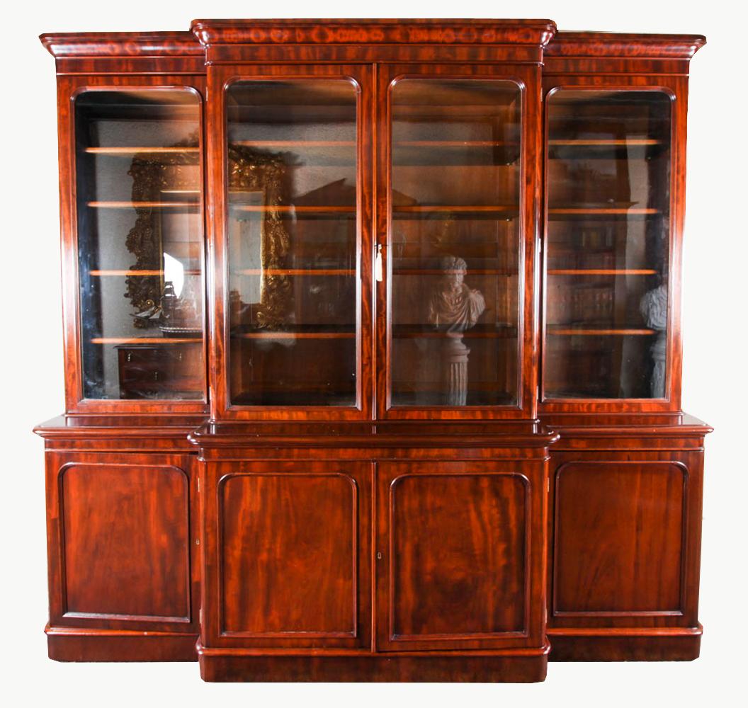 Antique English Flame Mahogany Library Breakfront Bookcase, 19th Century 14