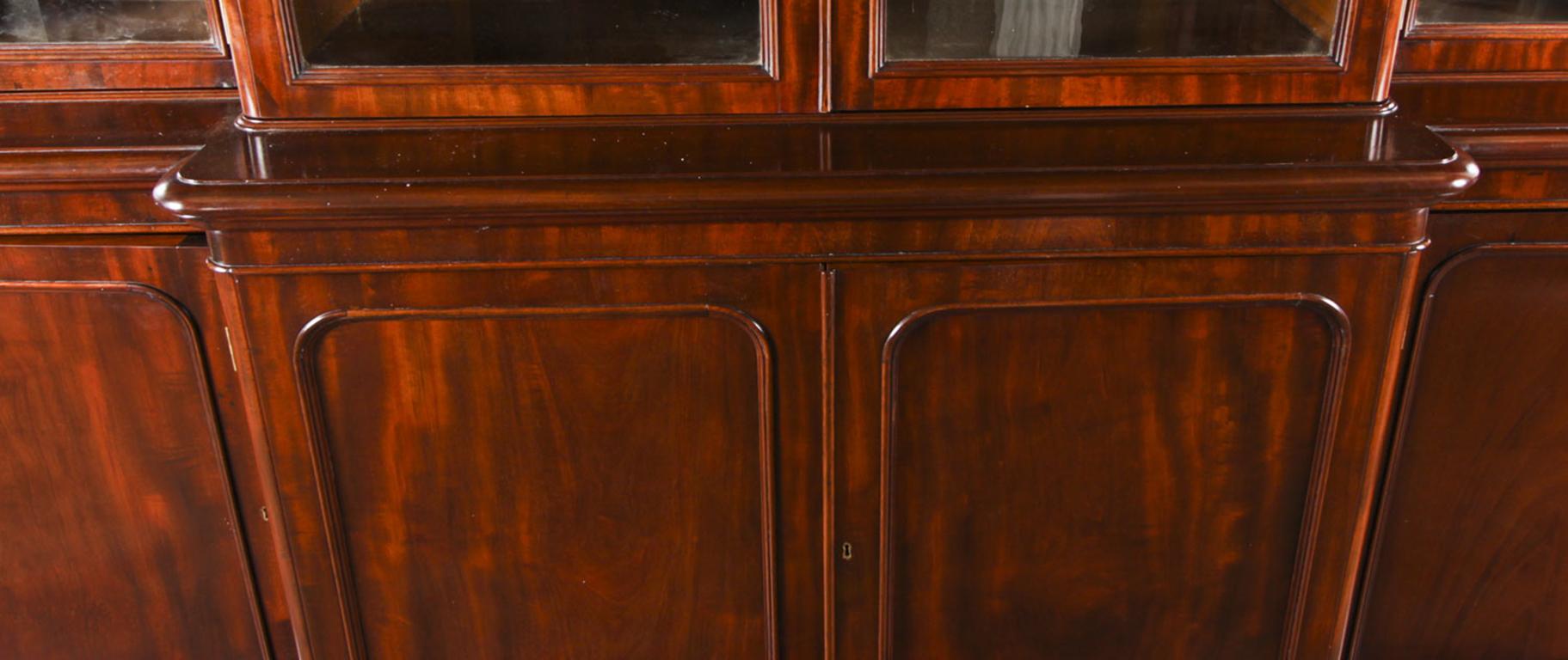 Antique English Flame Mahogany Library Breakfront Bookcase, 19th Century 1