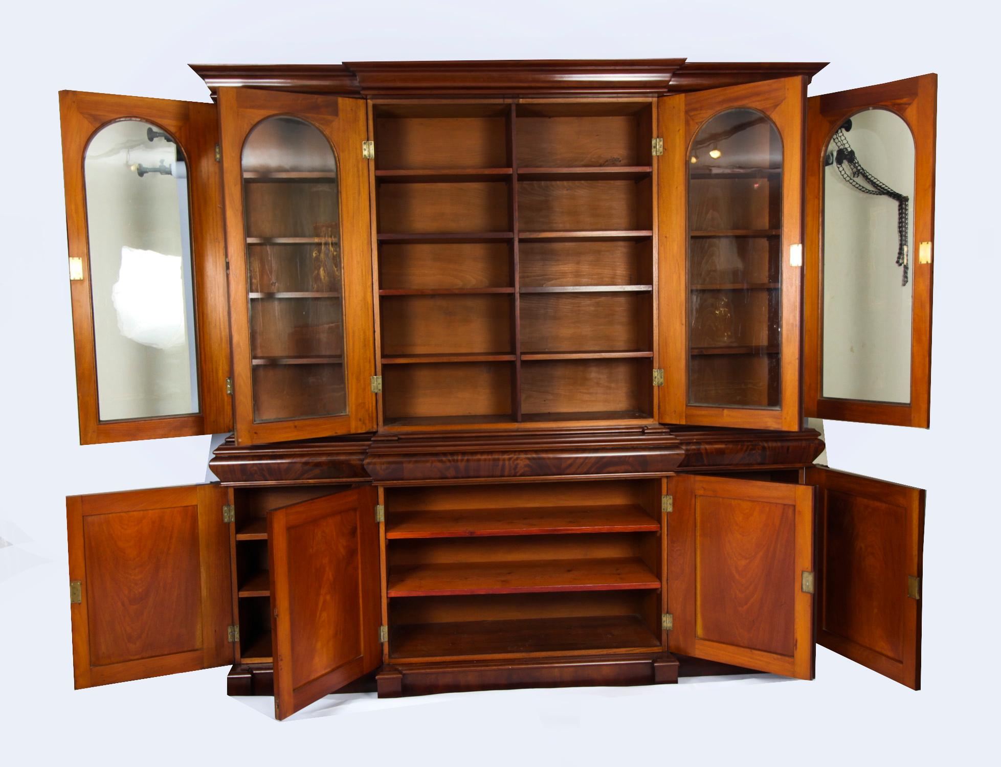 Antique English Flame Mahogany Library Breakfront Bookcase 19th C 4