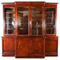 Antique English Flame Mahogany Library Breakfront Bookcase, 19th Century