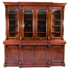 Antique English Flame Mahogany Library Breakfront Bookcase 19th C