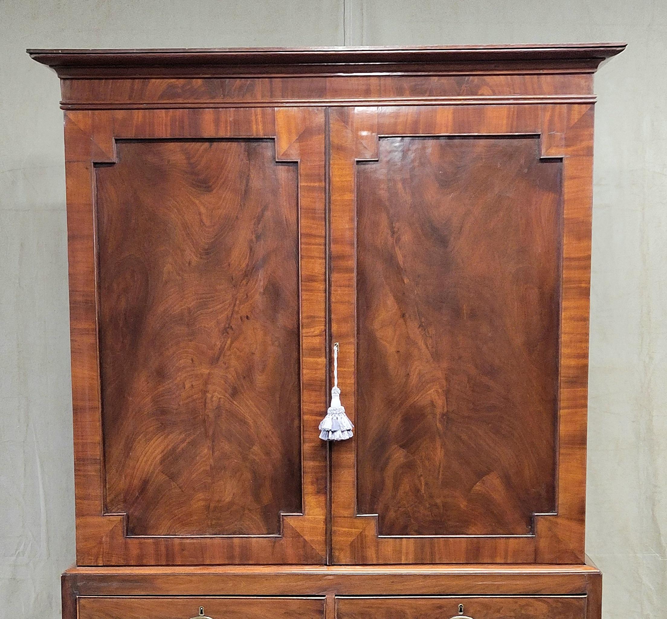 Hand-Crafted Antique English Flame Mahogany Linen Press
