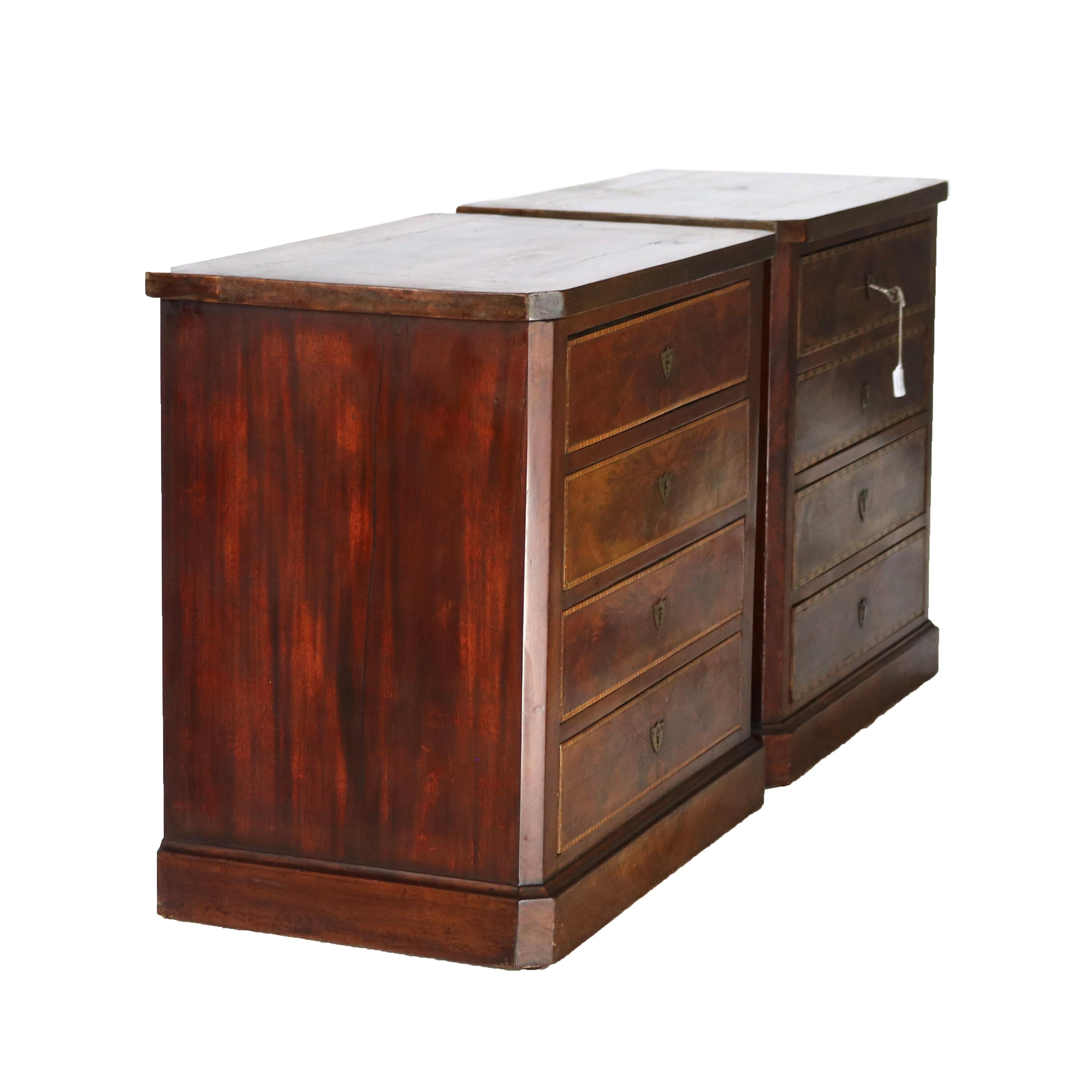 Antique English Flame Mahogany Satinwood Inlaid 4-Drawer Dressers 18th-19thC 10