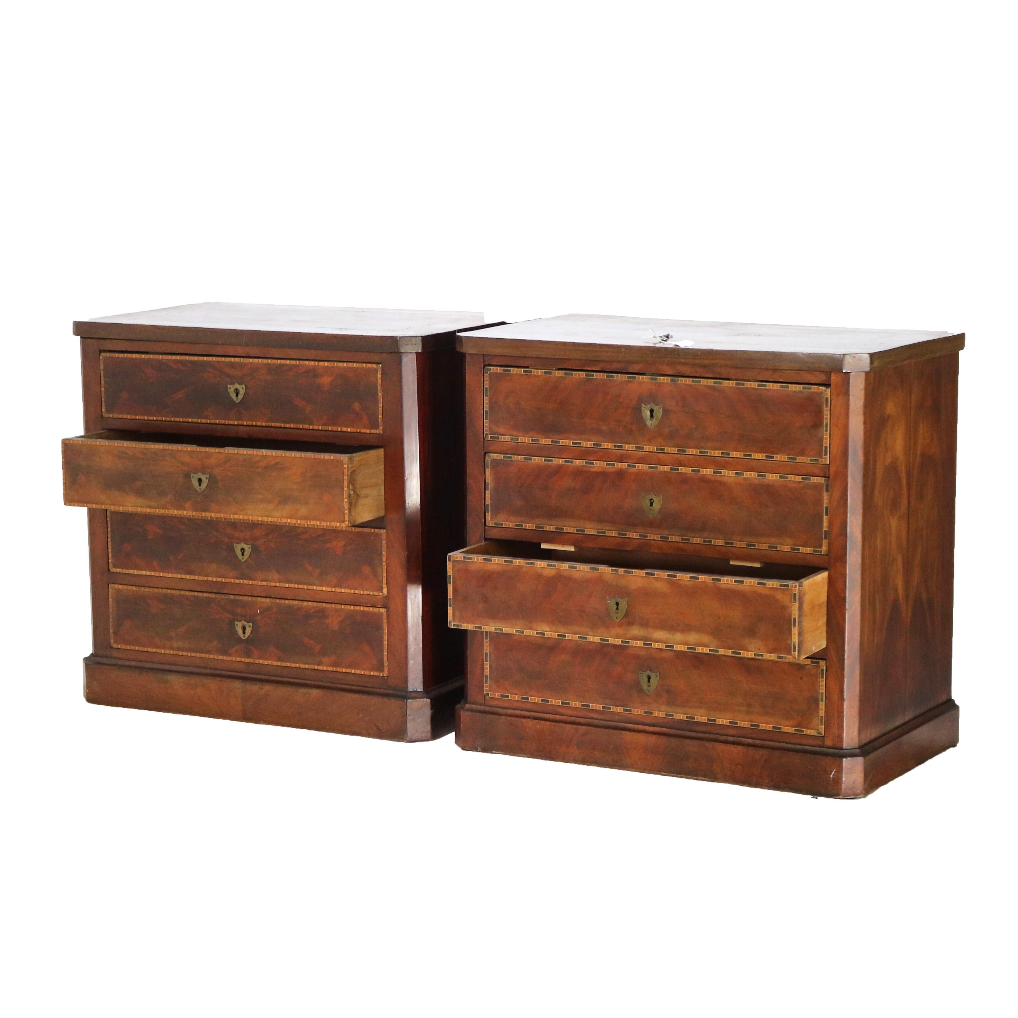 ***Reduced Delivery Rates - See Below or Click “Ask The Seller” to Request a Quote***

Pair of Antique English Flame Mahogany Dressers with Shield Shaped Escutcheons and Satinwood Inlaid Borders 18th-19thC

Measures - 29