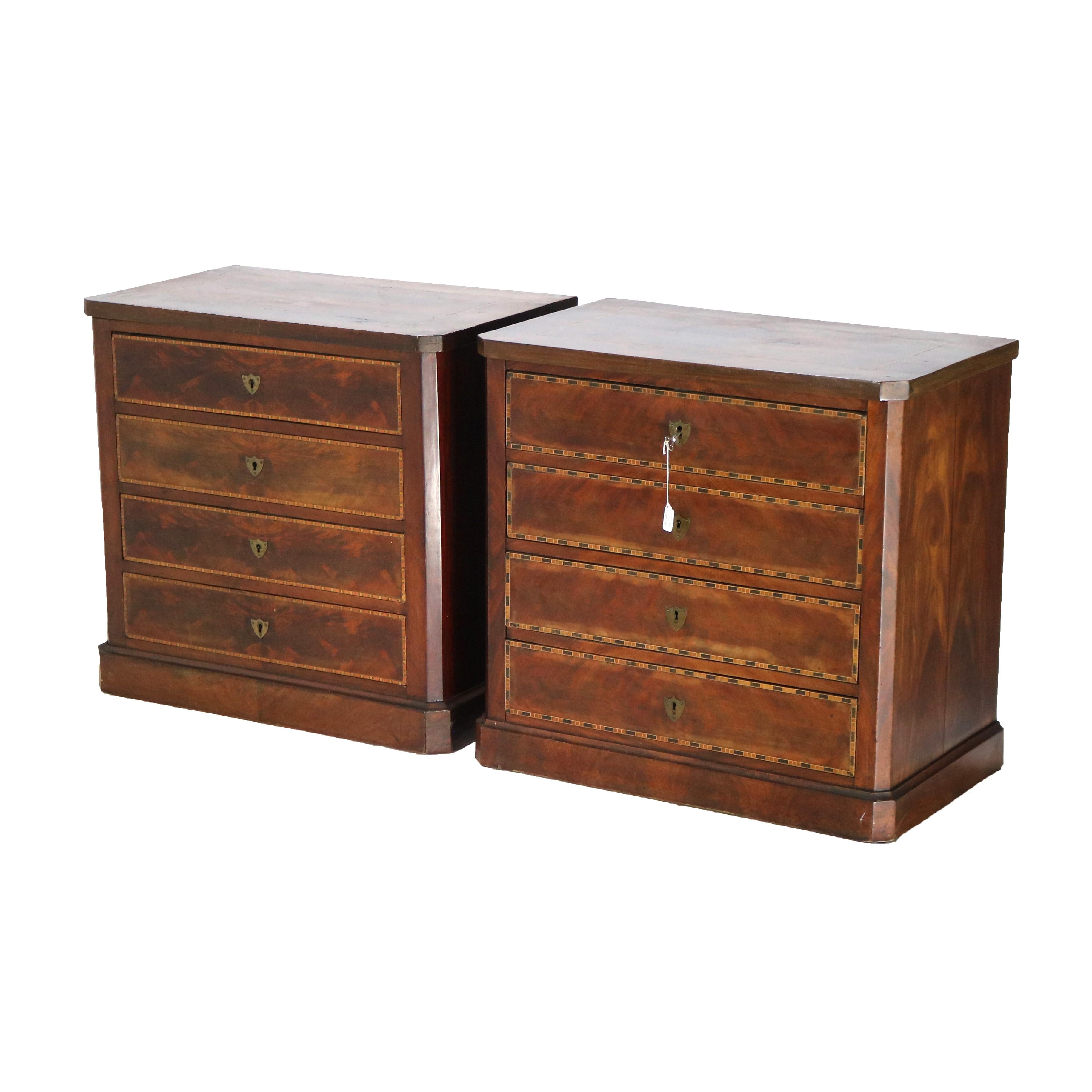 18th Century Antique English Flame Mahogany Satinwood Inlaid 4-Drawer Dressers 18th-19thC