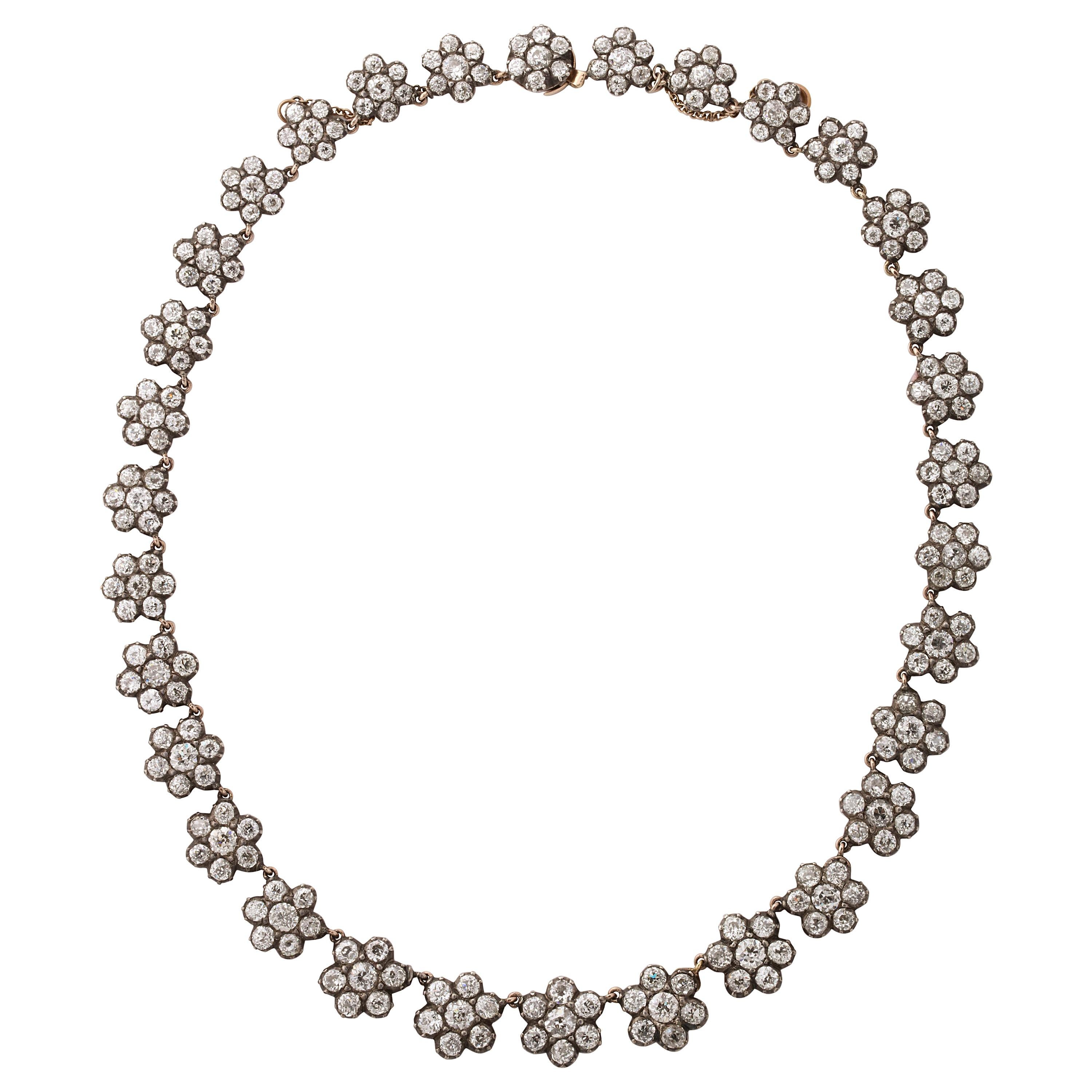 Antique English Floral Cluster Diamond Necklace