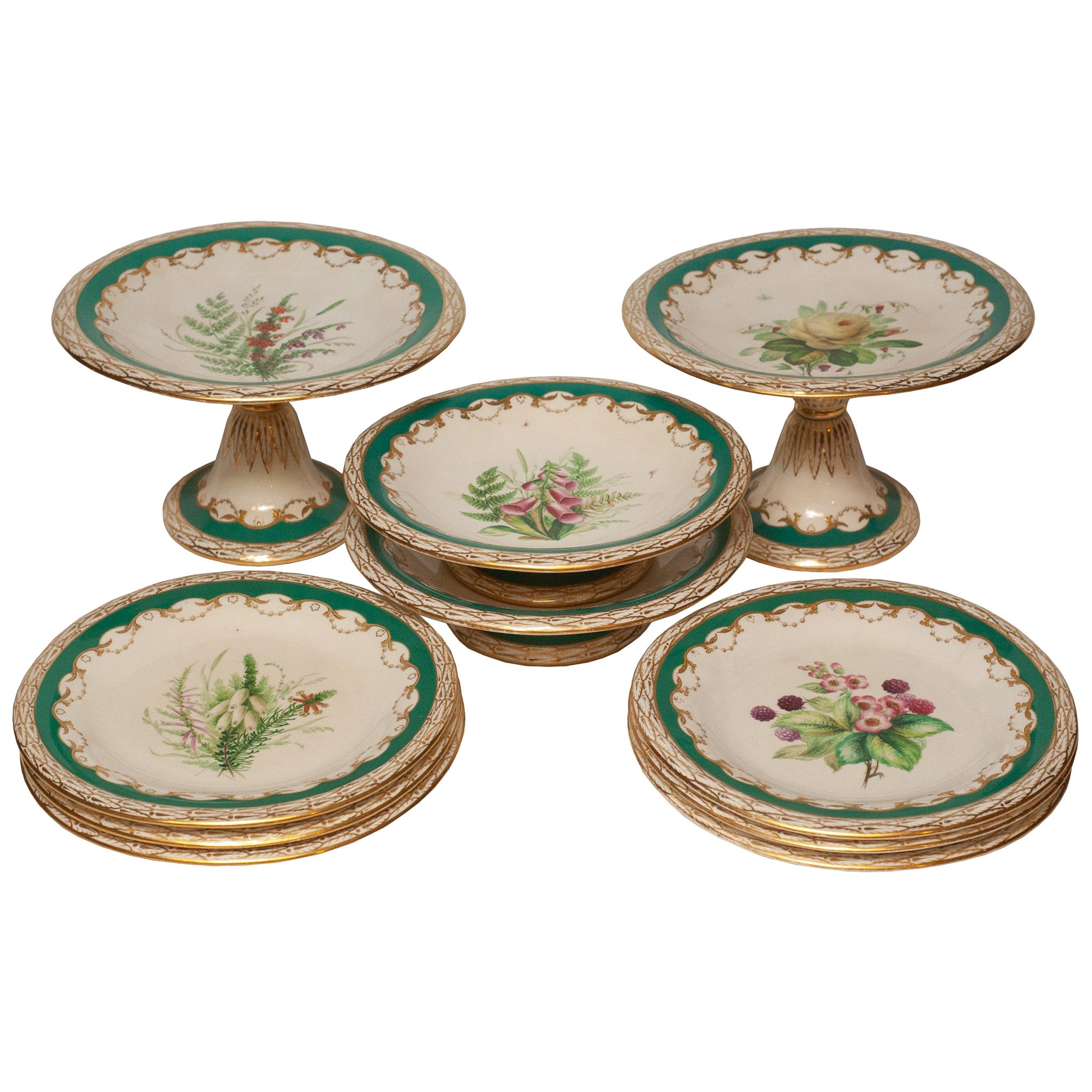 Antique English Floral Dishes Set of Tall and Short Tazzas and Dessert Plates For Sale