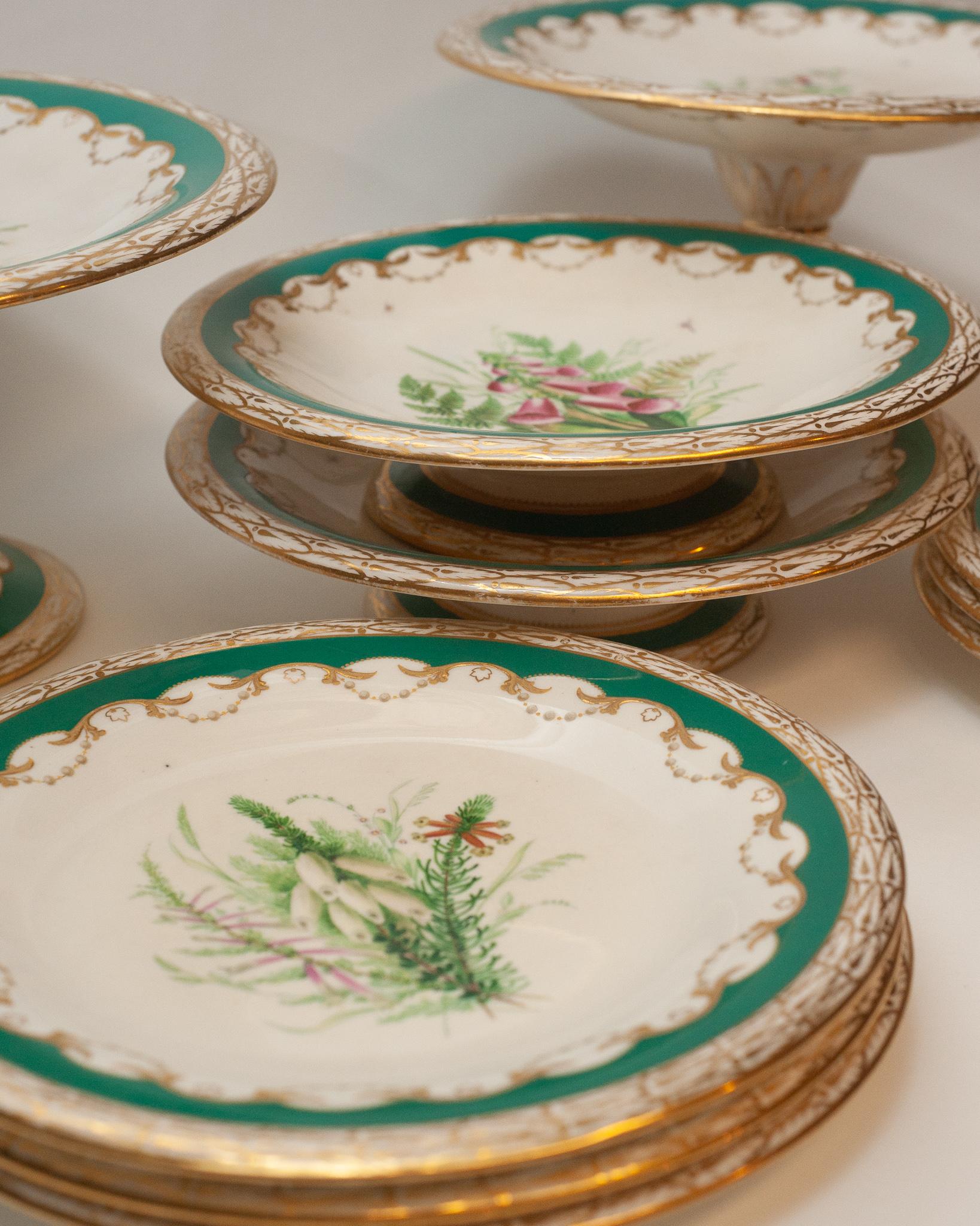 19th Century Antique English Floral Dishes Set of Tall and Short Tazzas and Dessert Plates For Sale