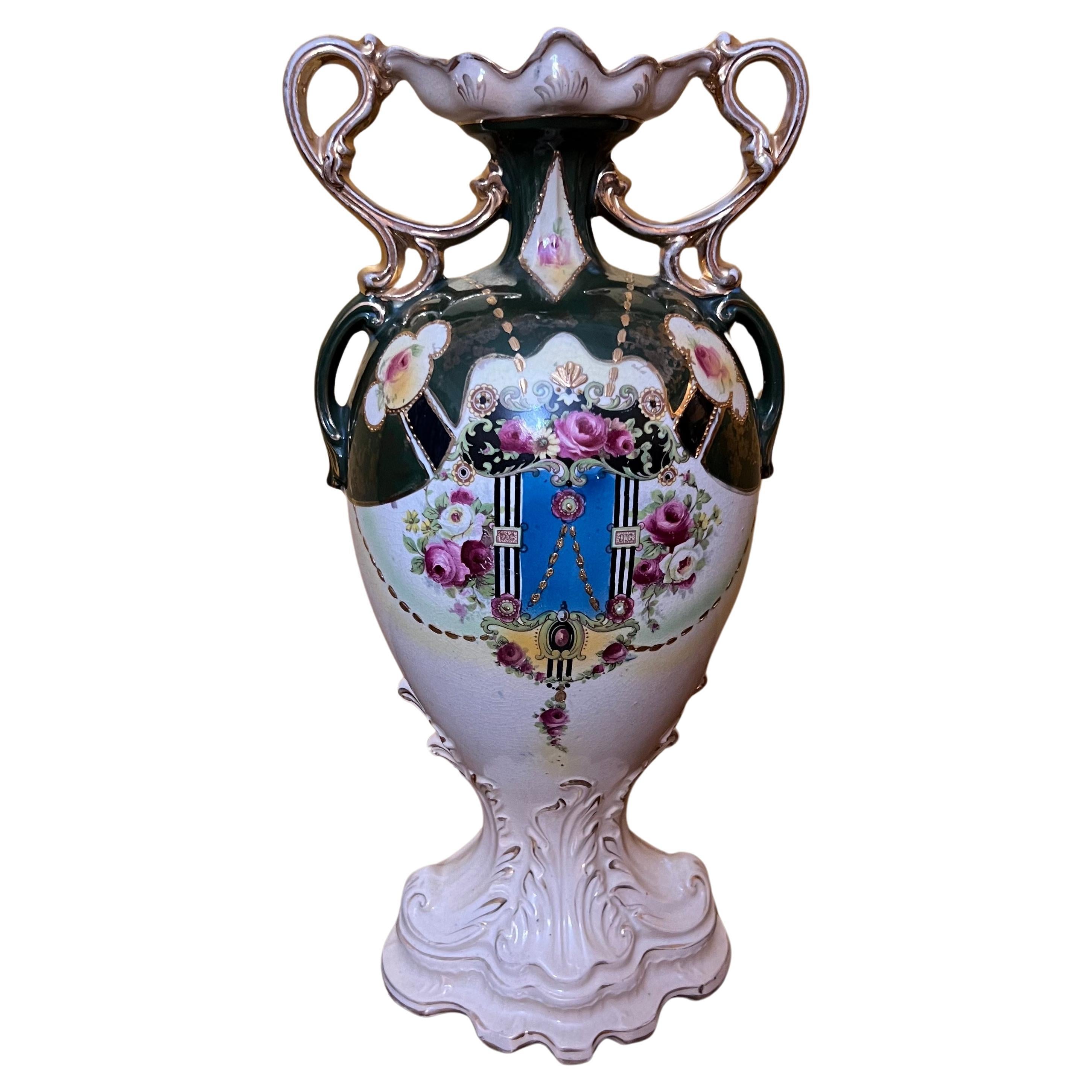 Antique English Floral Large Vase For Sale