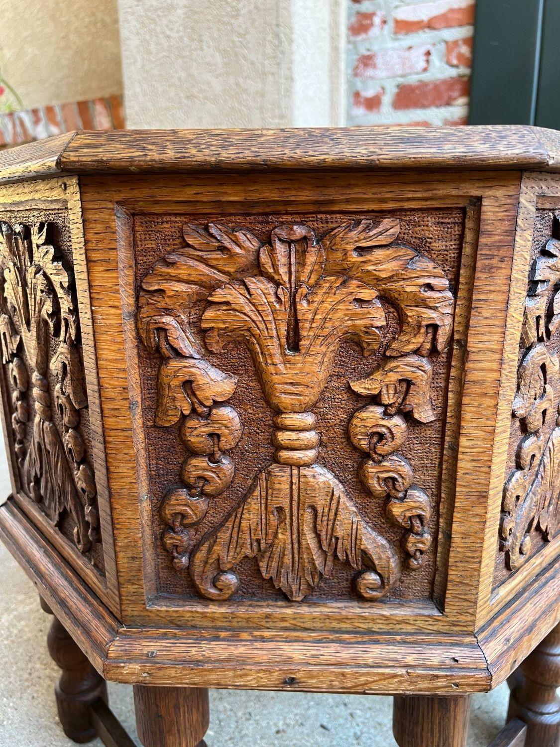 Antique English Flower Planter Drink Wine Server Carved Oak w Liner Fireplace 12