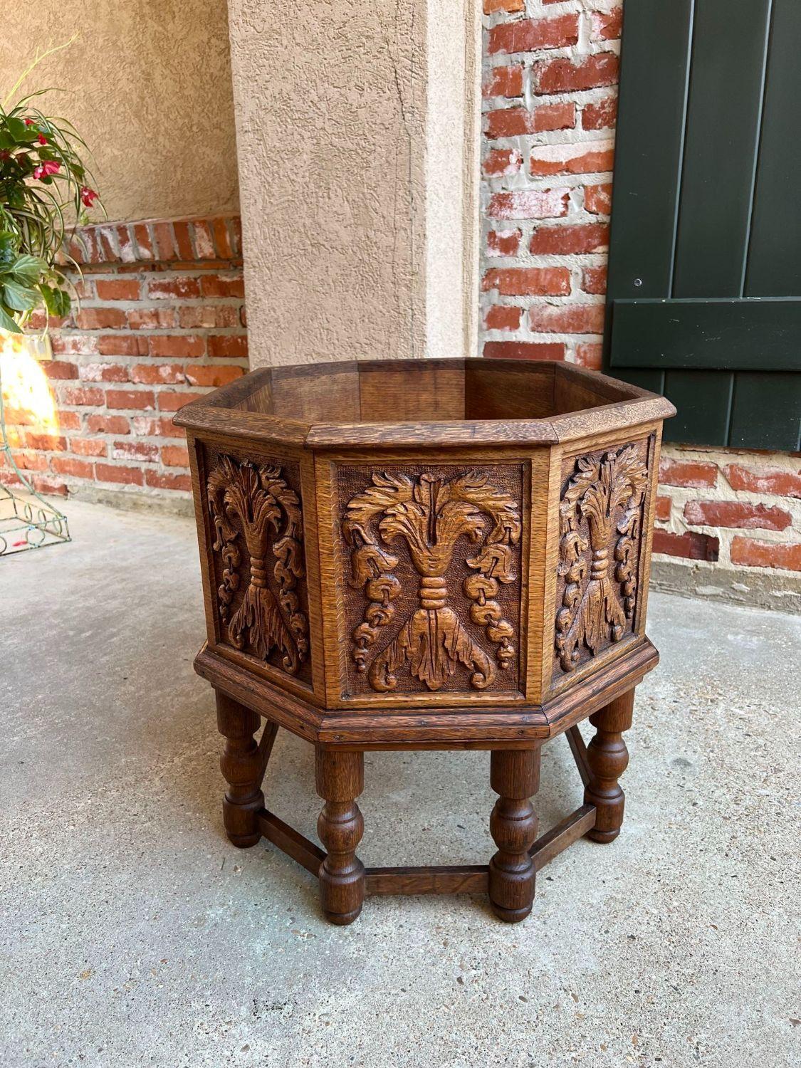 Early 20th Century Antique English Flower Planter Drink Wine Server Carved Oak w Liner Fireplace