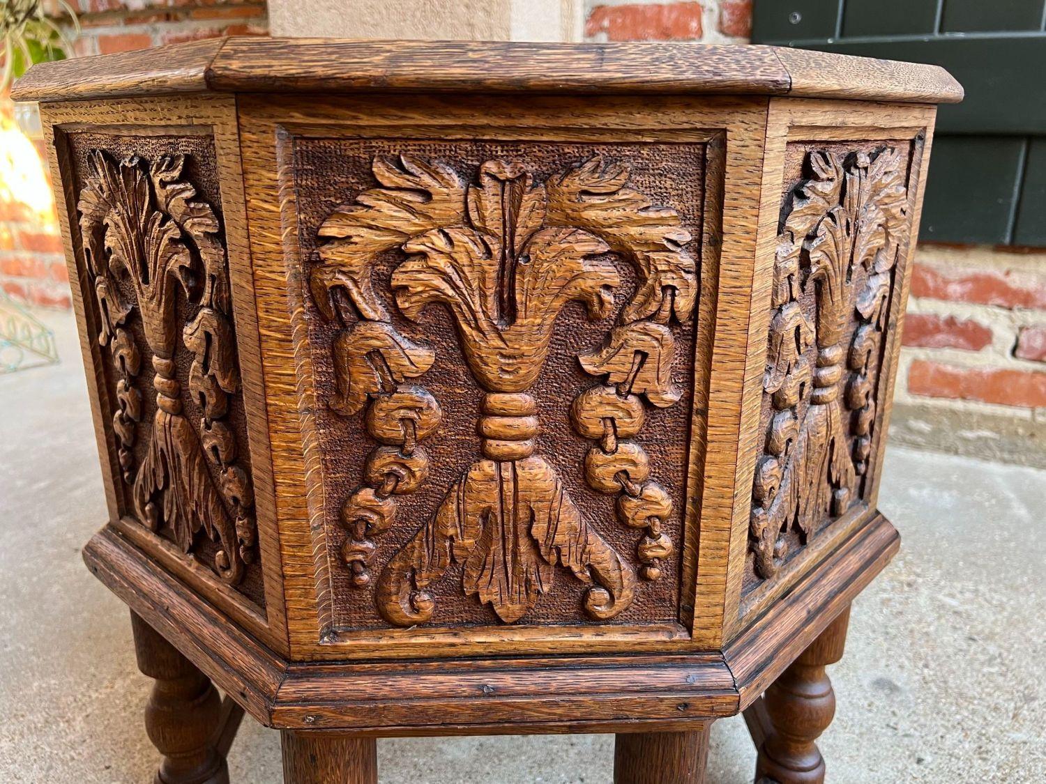 Antique English Flower Planter Drink Wine Server Carved Oak w Liner Fireplace 1