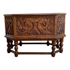 Antique English Flower Planter Drink Wine Server Carved Oak w Liner Fireplace