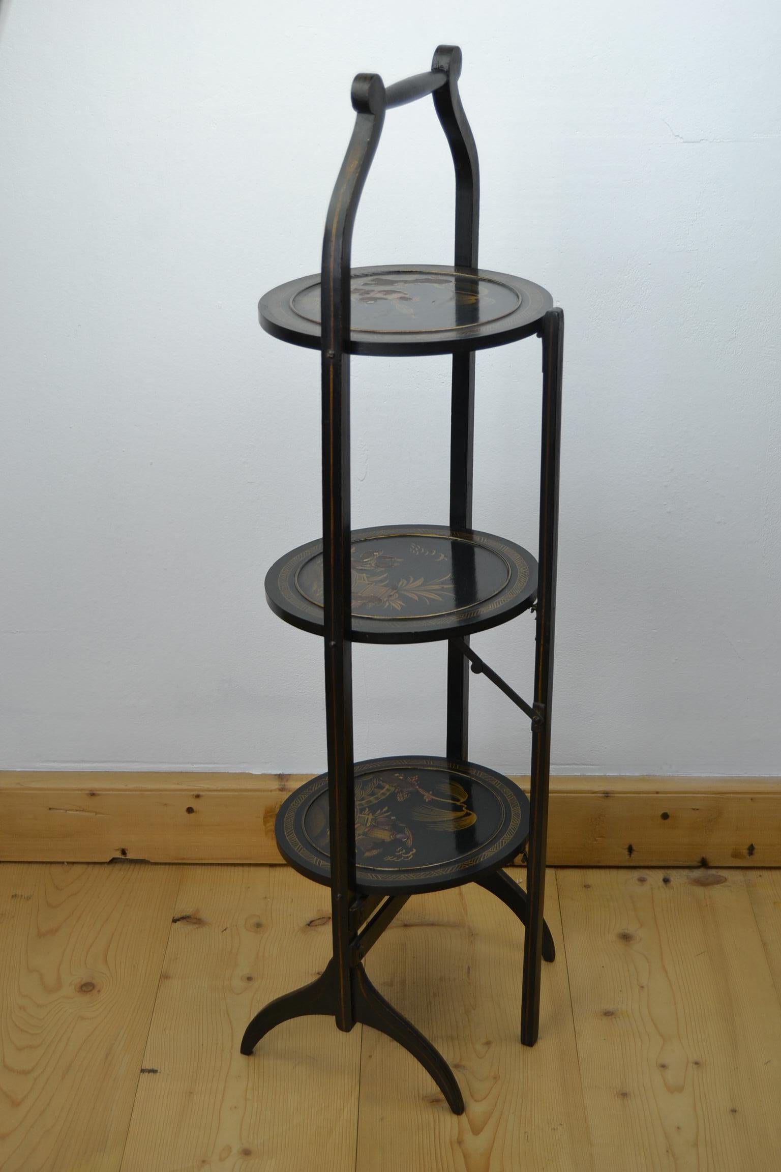 Antique English Folding Cake Serving Stand, Oriental Black Lacquerwork Scenes 5