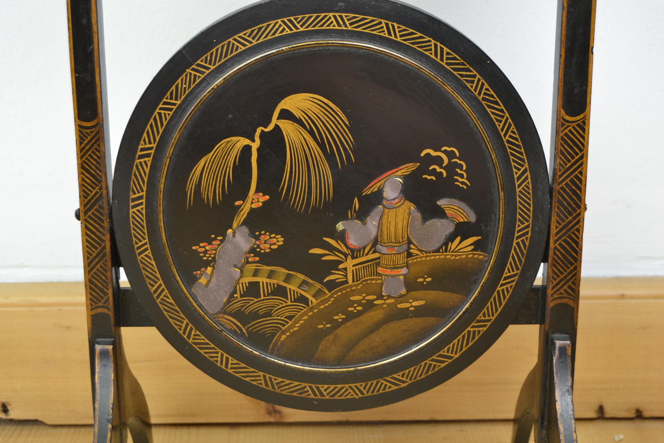 Lacquered Antique English Folding Cake Serving Stand, Oriental Black Lacquerwork Scenes