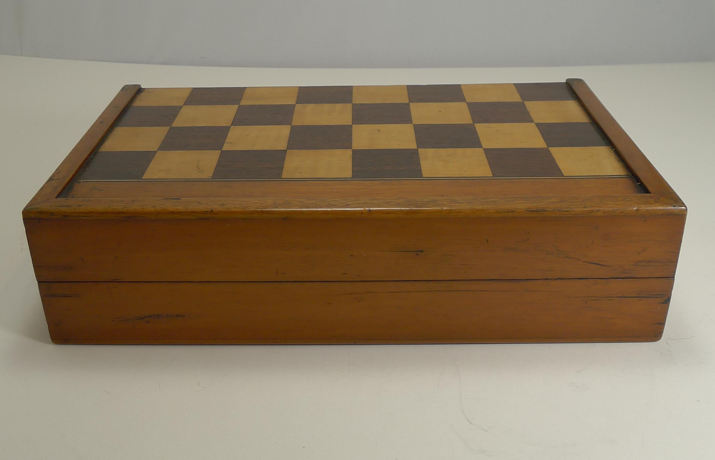 Late Victorian Antique English Folding Chess / Backgammon / Checkers Board, circa 1890-1900
