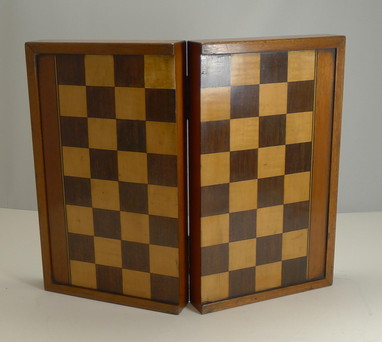 Fruitwood Antique English Folding Chess / Backgammon / Checkers Board, circa 1890-1900