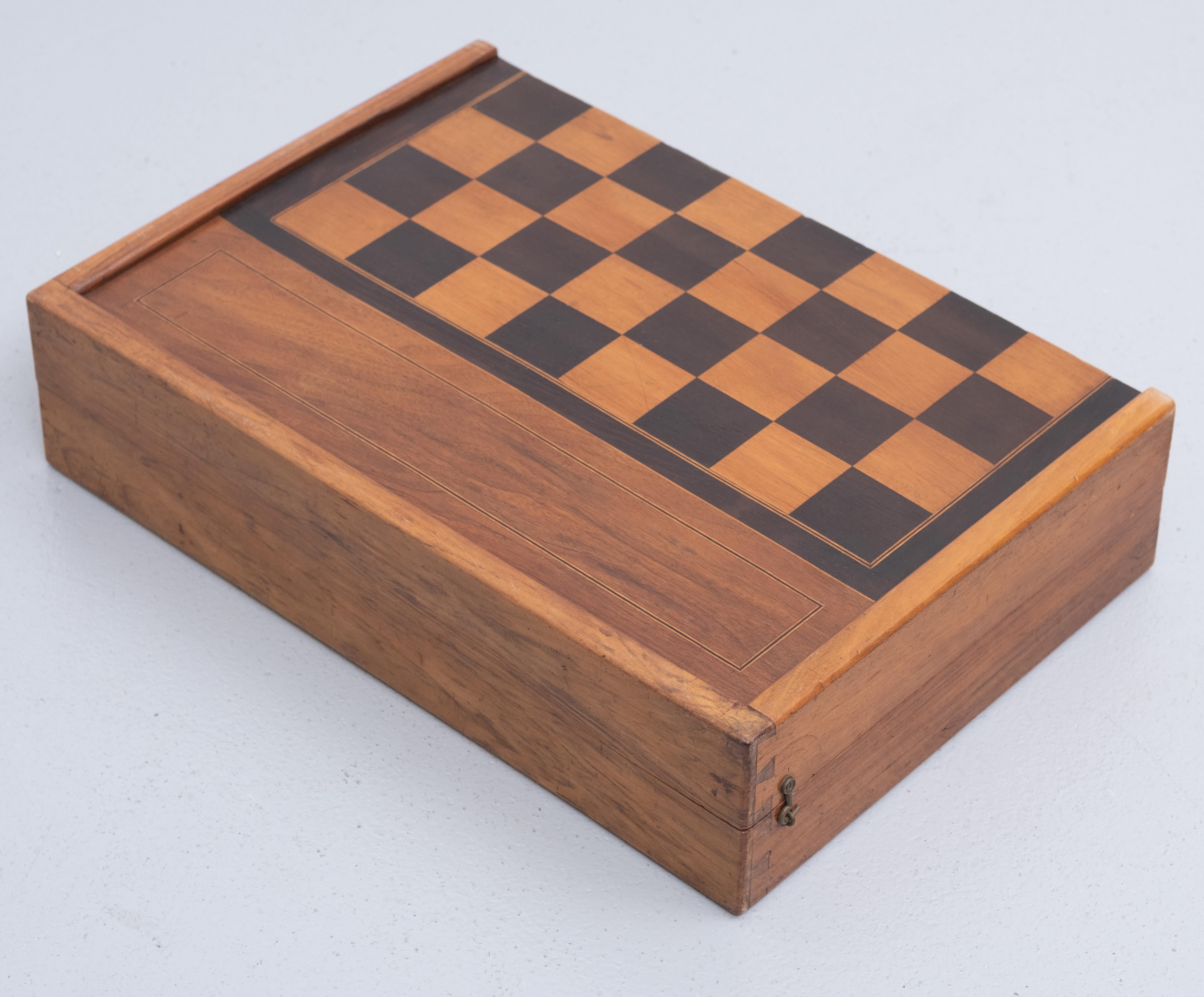 Teak Antique English Folding Chess / Games Box with 5 Games
