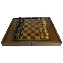Antique English Folding Chess/Games Box with Chess Set, circa 1910