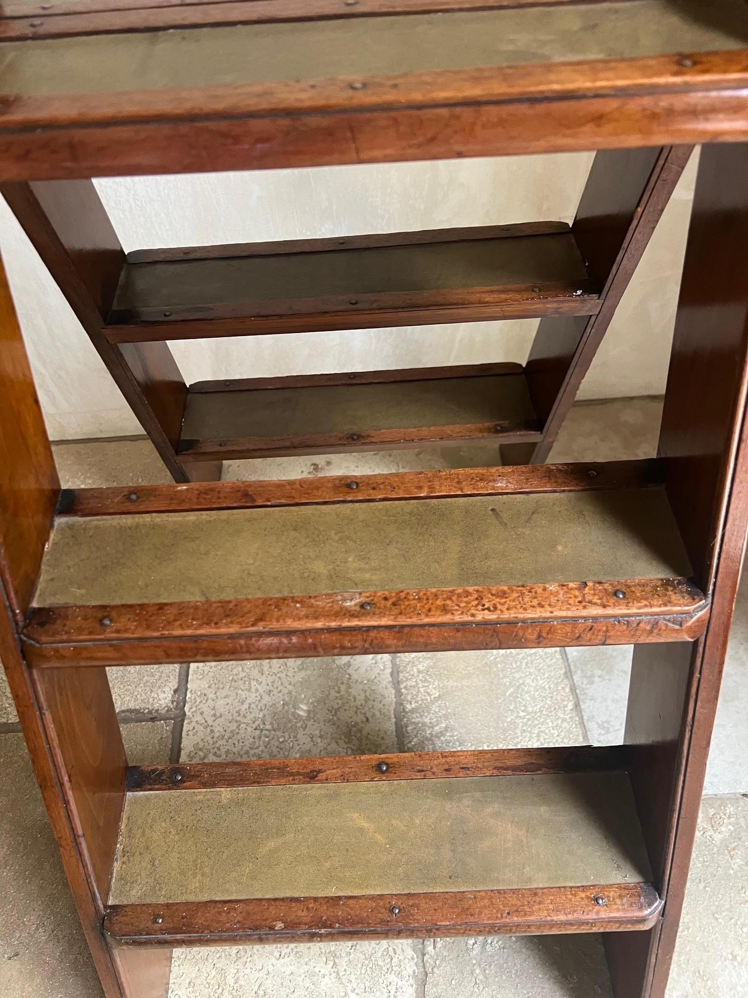 Antique English Folding Library Steps with Leather Treads  1
