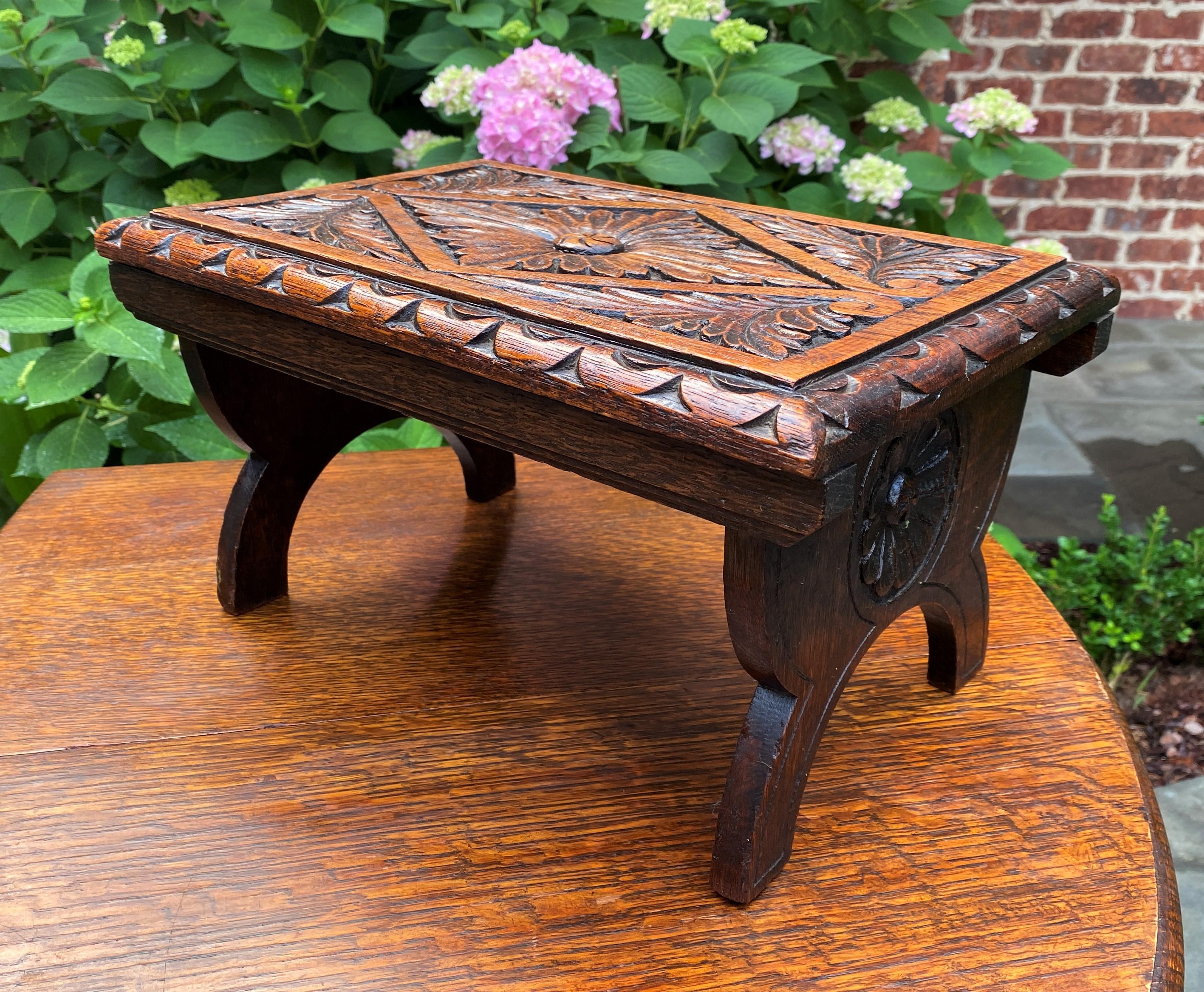 Antique English Foot Stool Kettle Stand Small Bench Carved Oak 1920s 7