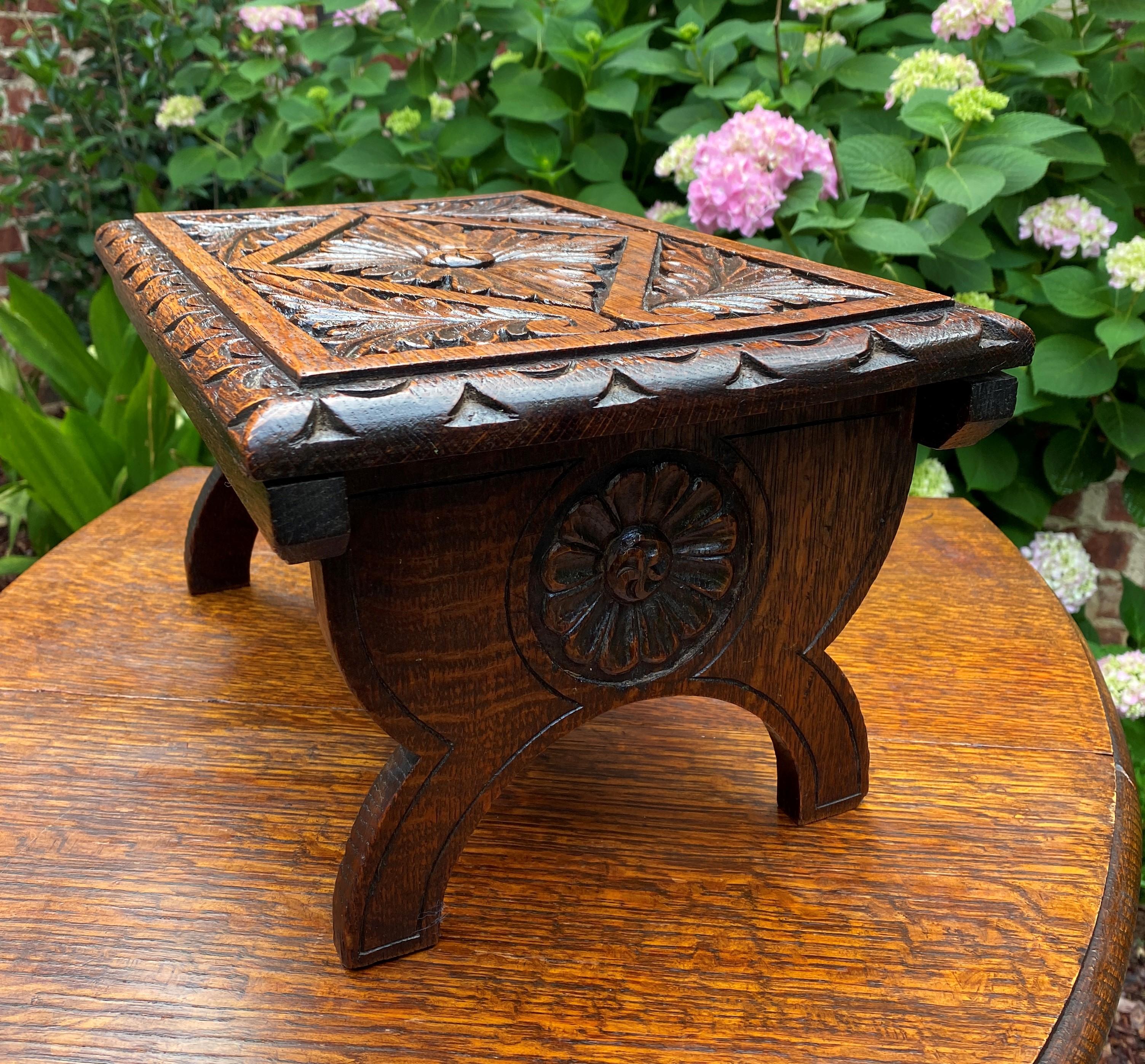 Jacobean Antique English Foot Stool Kettle Stand Small Bench Carved Oak 1920s