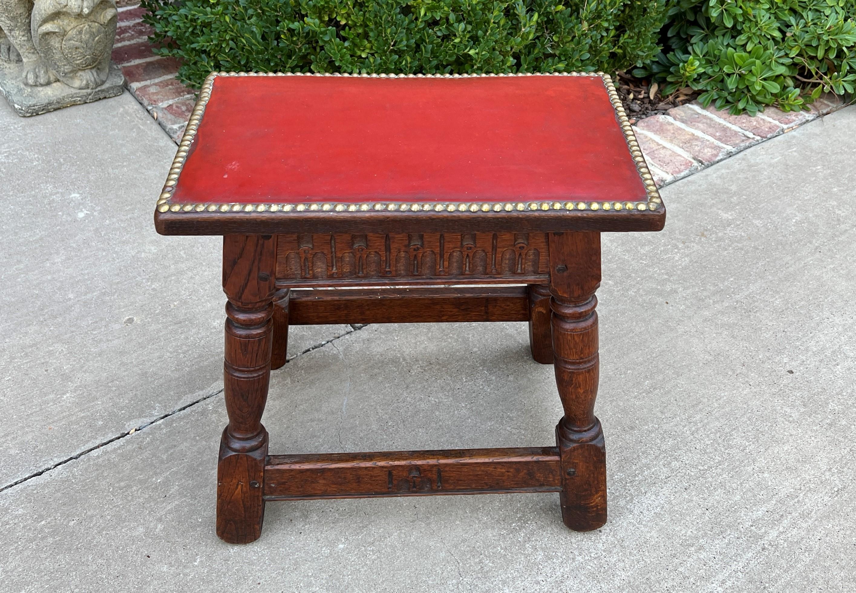 Antique English Foot Stool Small Bench Leather Top Joint Stool Oak Maker's Tag 4