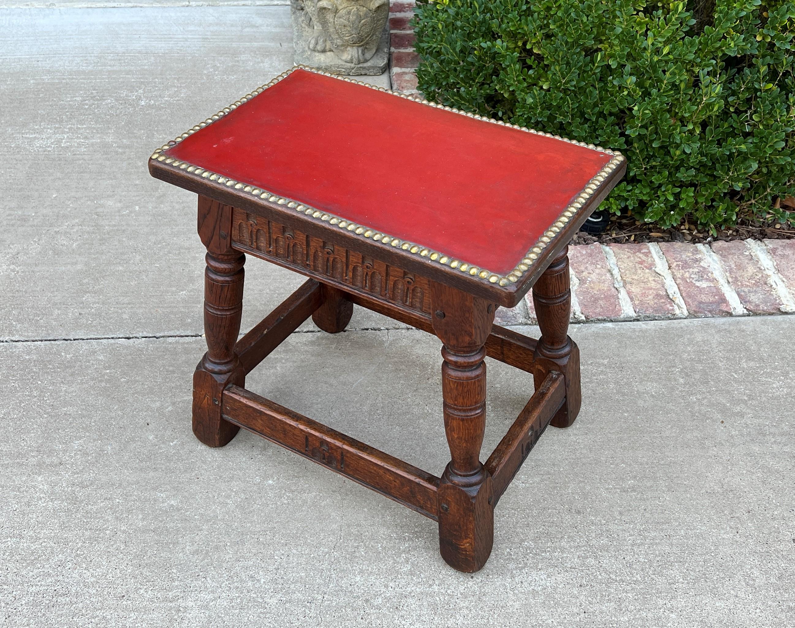 Antique English Foot Stool Small Bench Leather Top Joint Stool Oak Maker's Tag 7