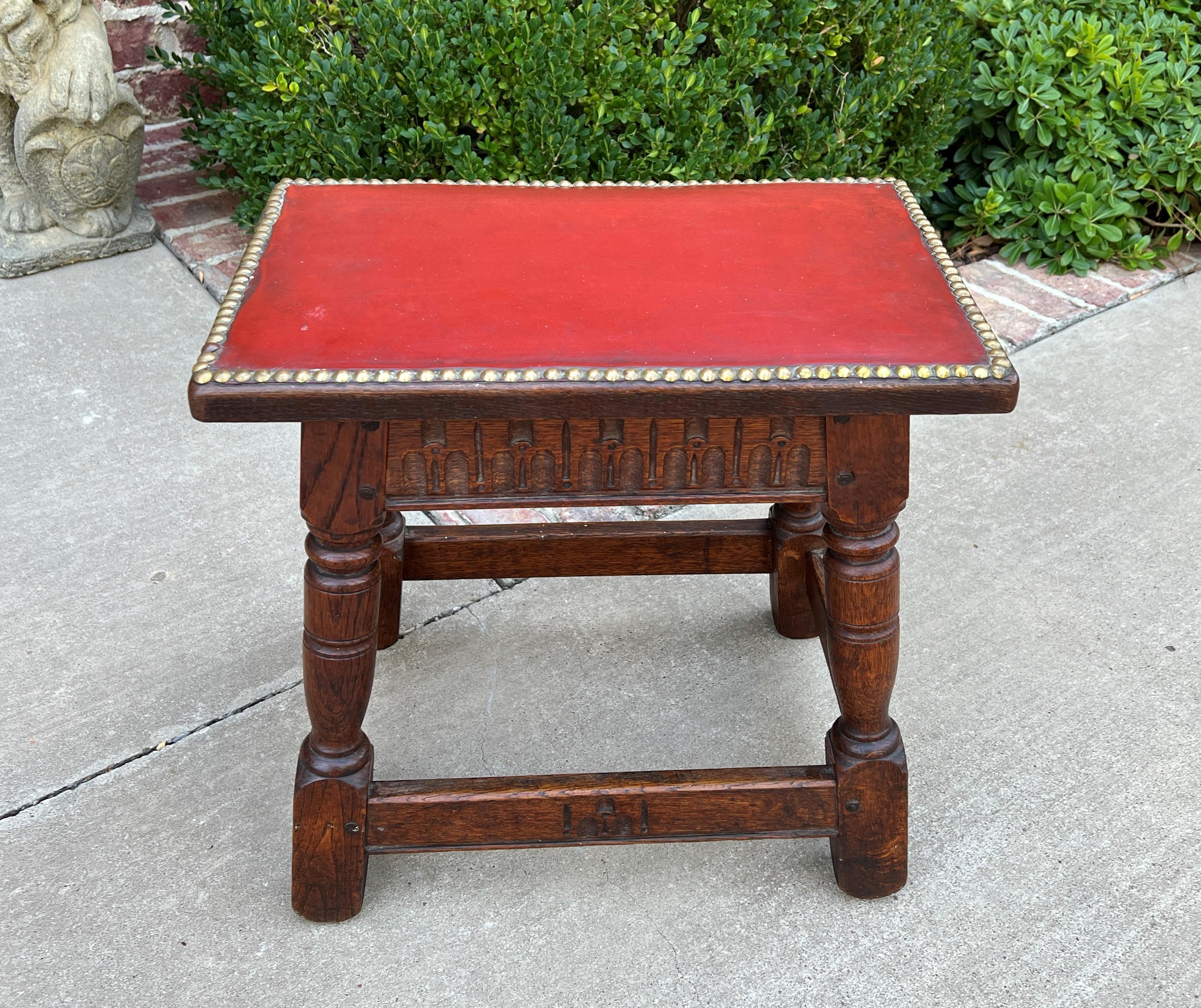 Arts and Crafts Antique English Foot Stool Small Bench Leather Top Joint Stool Oak Maker's Tag