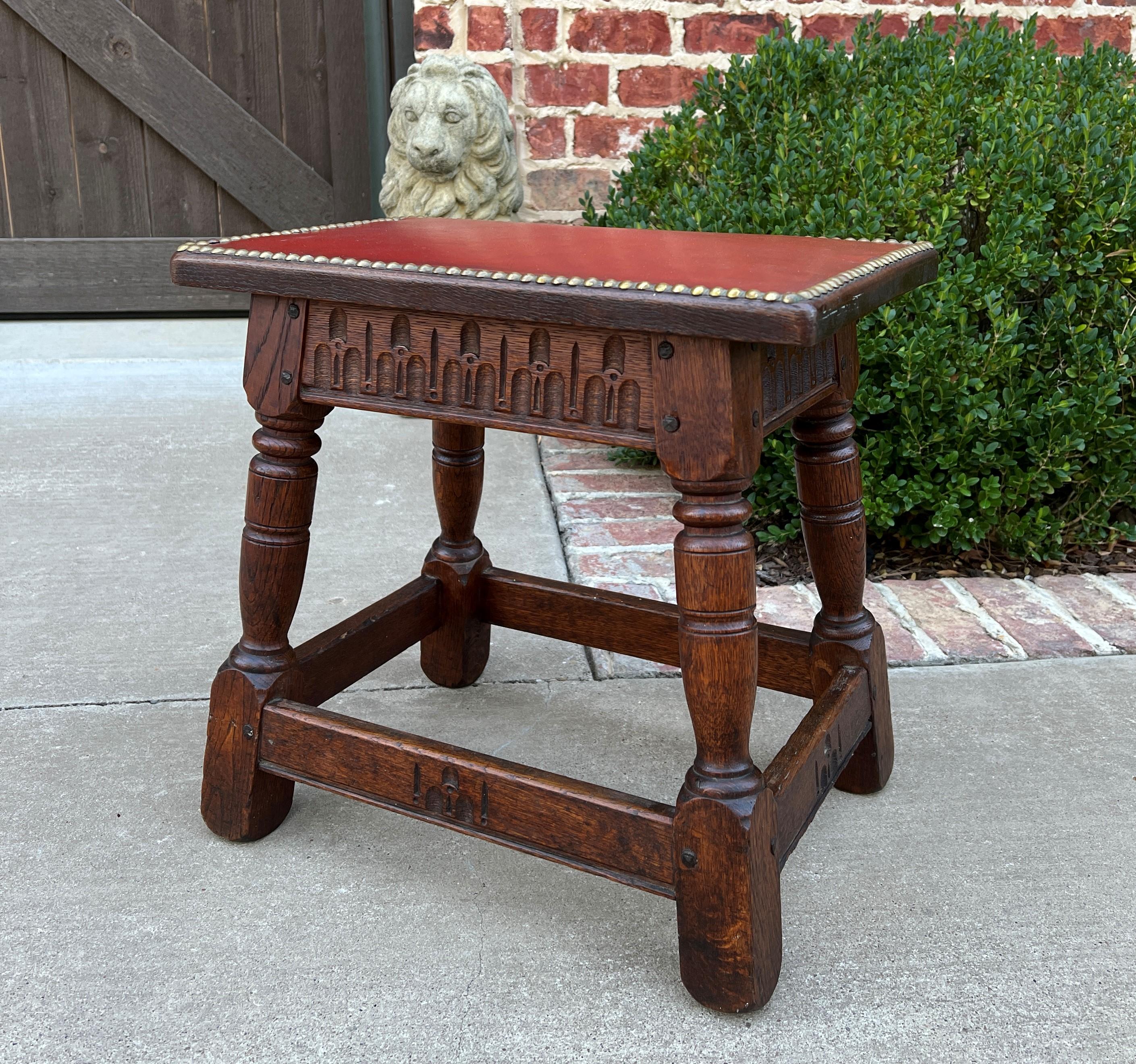 Carved Antique English Foot Stool Small Bench Leather Top Joint Stool Oak Maker's Tag