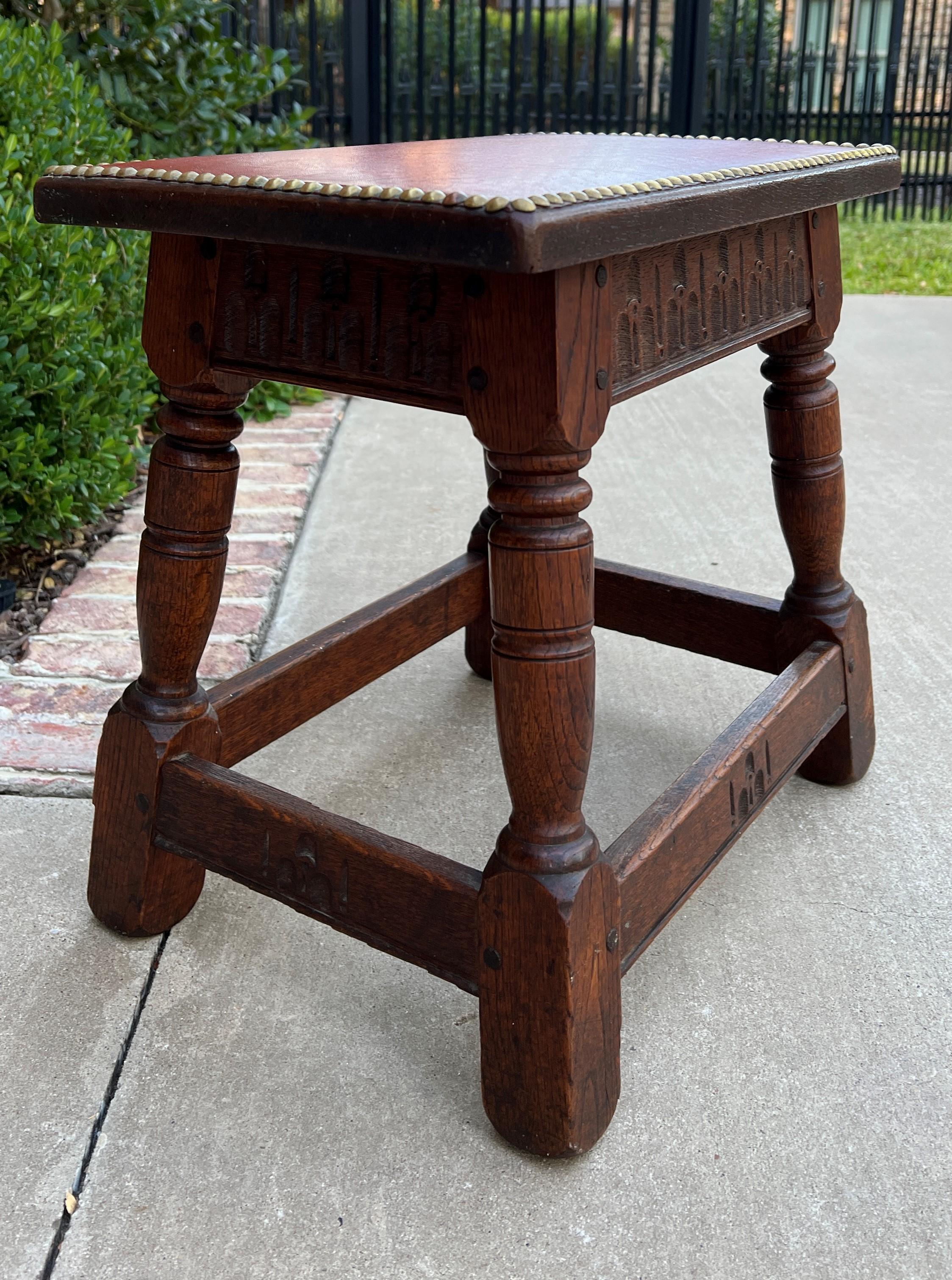 Antique English Foot Stool Small Bench Leather Top Joint Stool Oak Maker's Tag 3