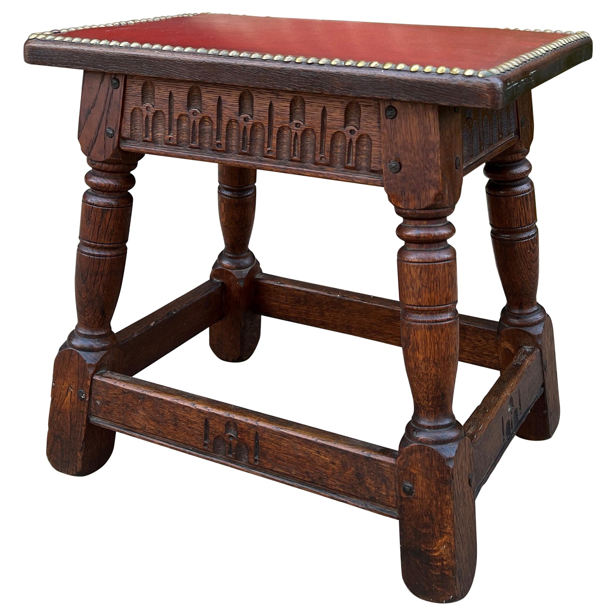 Antique English Foot Stool Small Bench Leather Top Joint Stool Oak Maker's Tag