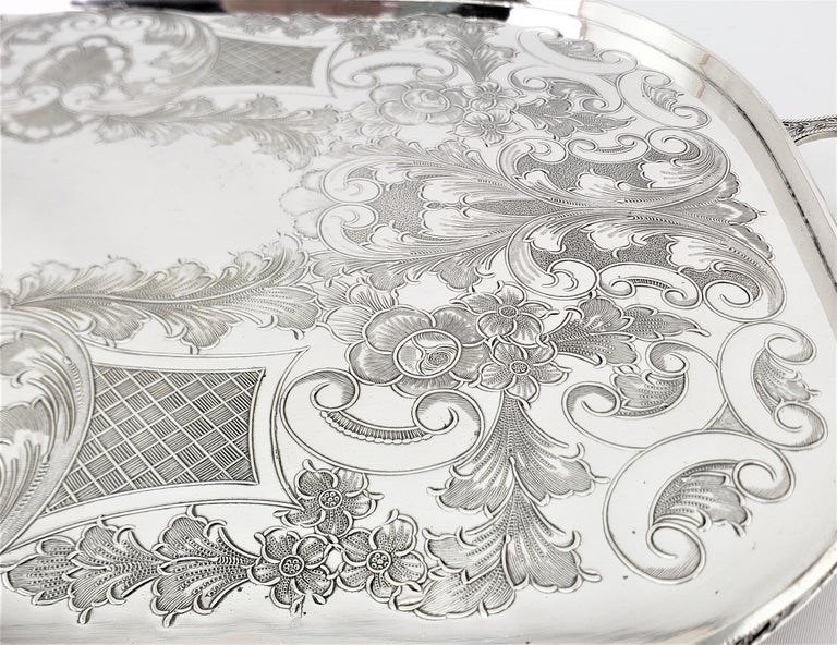 Antique English Footed Silver Plated Gallery Serving Tray with Floral Decoration For Sale 4