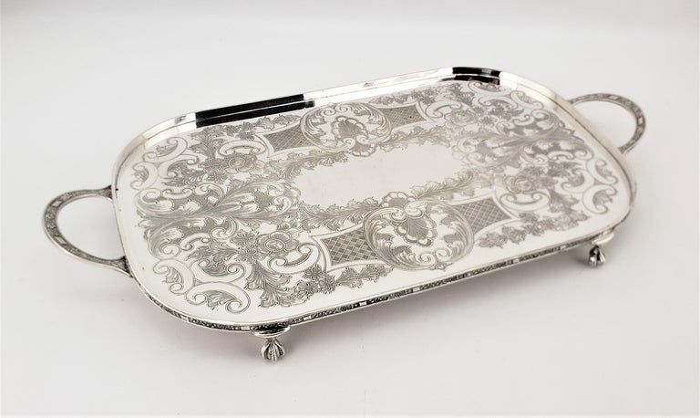 Edwardian Antique English Footed Silver Plated Gallery Serving Tray with Floral Decoration For Sale