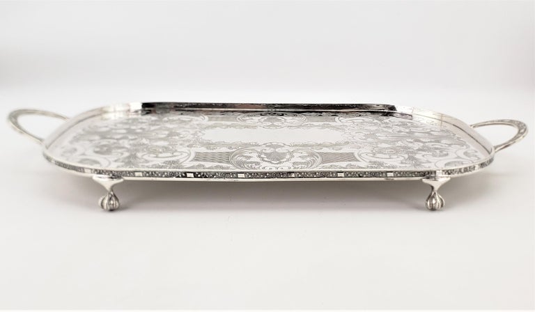Machine-Made Antique English Footed Silver Plated Gallery Serving Tray with Floral Decoration For Sale