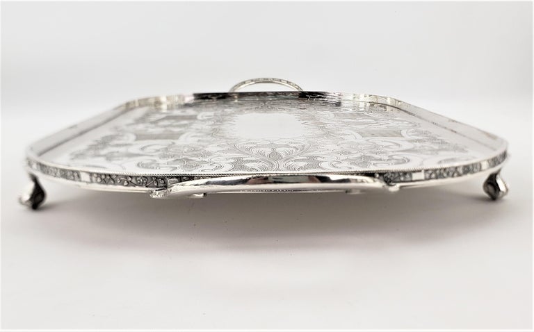 Antique English Footed Silver Plated Gallery Serving Tray with Floral Decoration In Good Condition For Sale In Hamilton, Ontario
