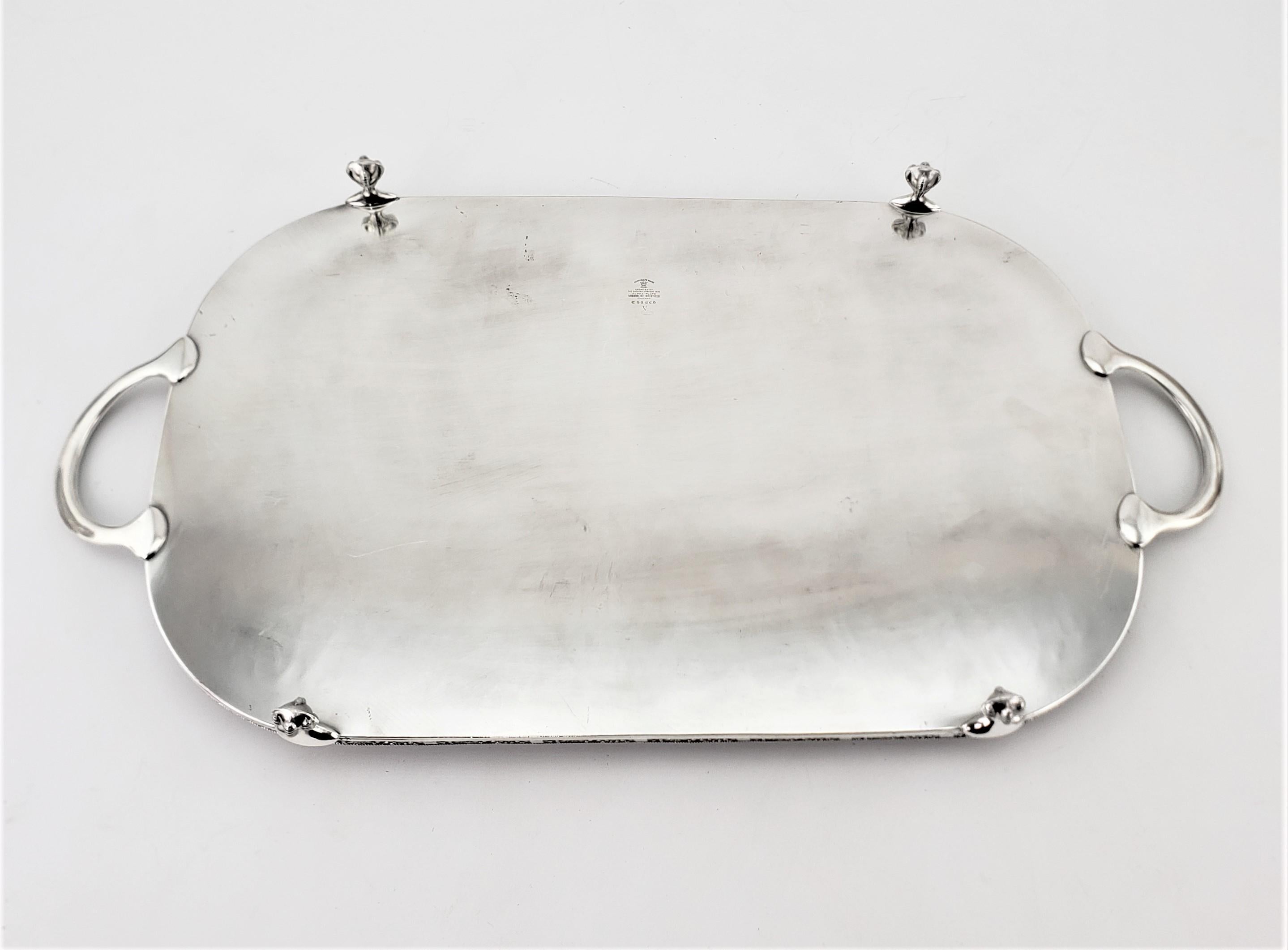 Machine-Made Antique English Footed Silver Plated Gallery Serving Tray with Floral Decoration For Sale