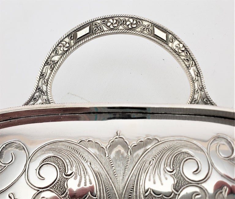 Antique English Footed Silver Plated Gallery Serving Tray with Floral Decoration For Sale 2
