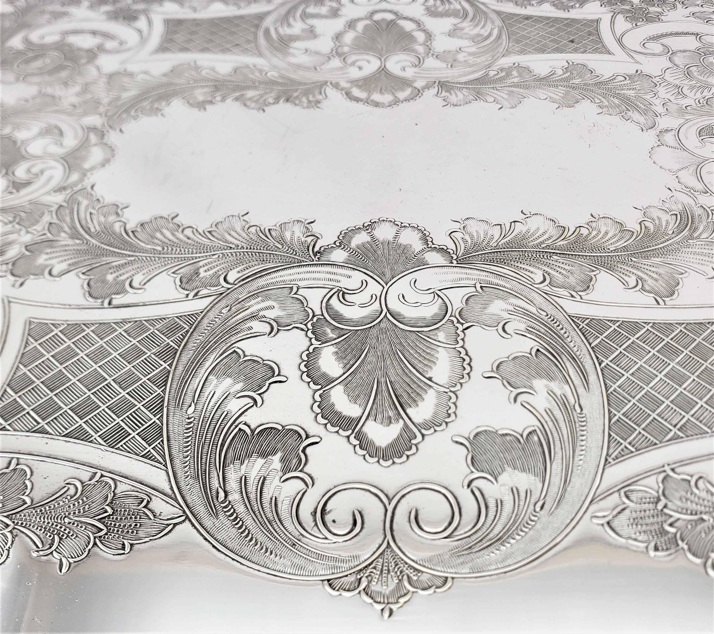 Antique English Footed Silver Plated Gallery Serving Tray with Floral Decoration For Sale 1