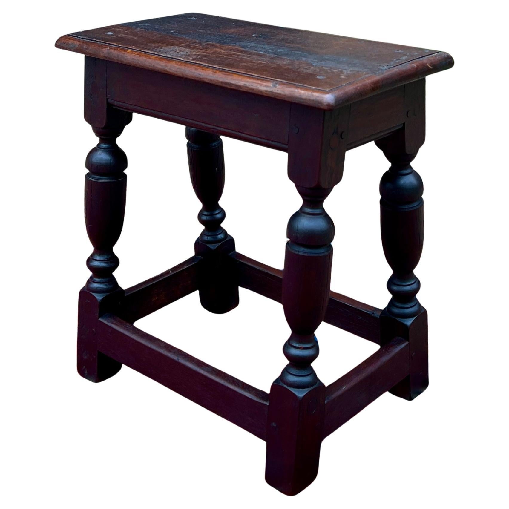 Antique English Footstool Bench Joint Stool Turned Leg Oak Pegged c. 1900