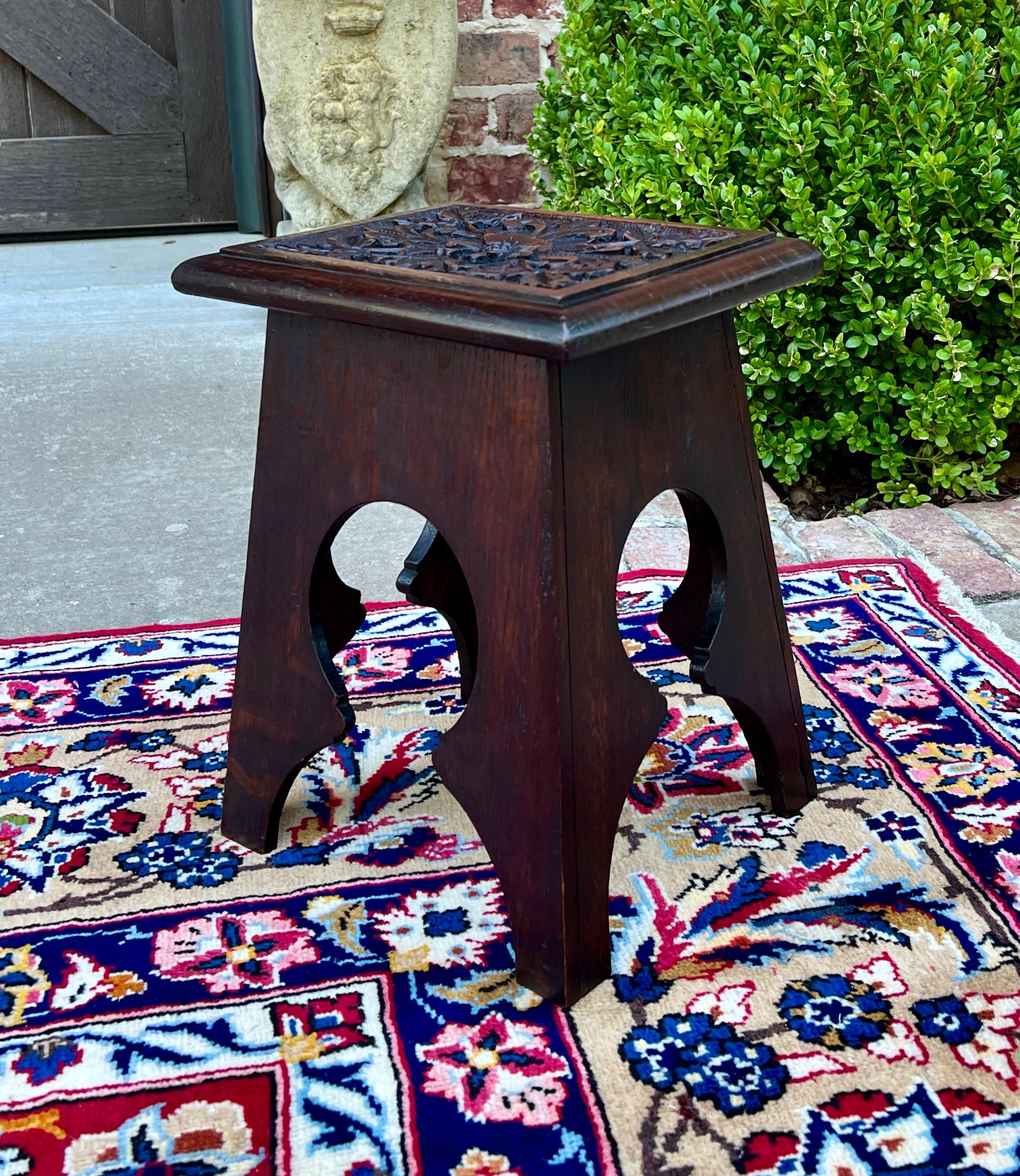 Antique English Footstool Bench Stool Carved Top Oak Rosette c. 1920s-30s 5