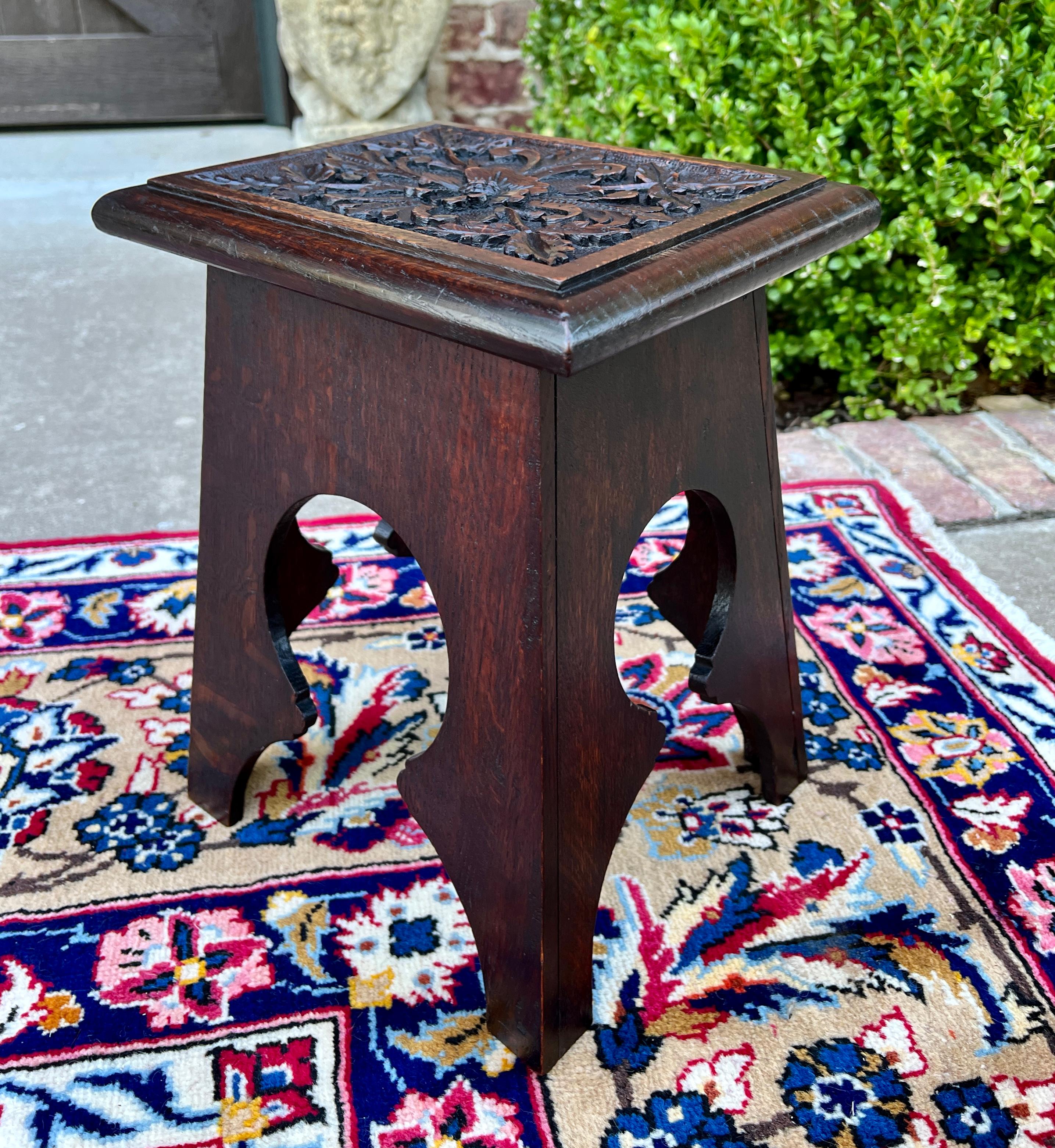 Antique English Footstool Bench Stool Carved Top Oak Rosette c. 1920s-30s 6