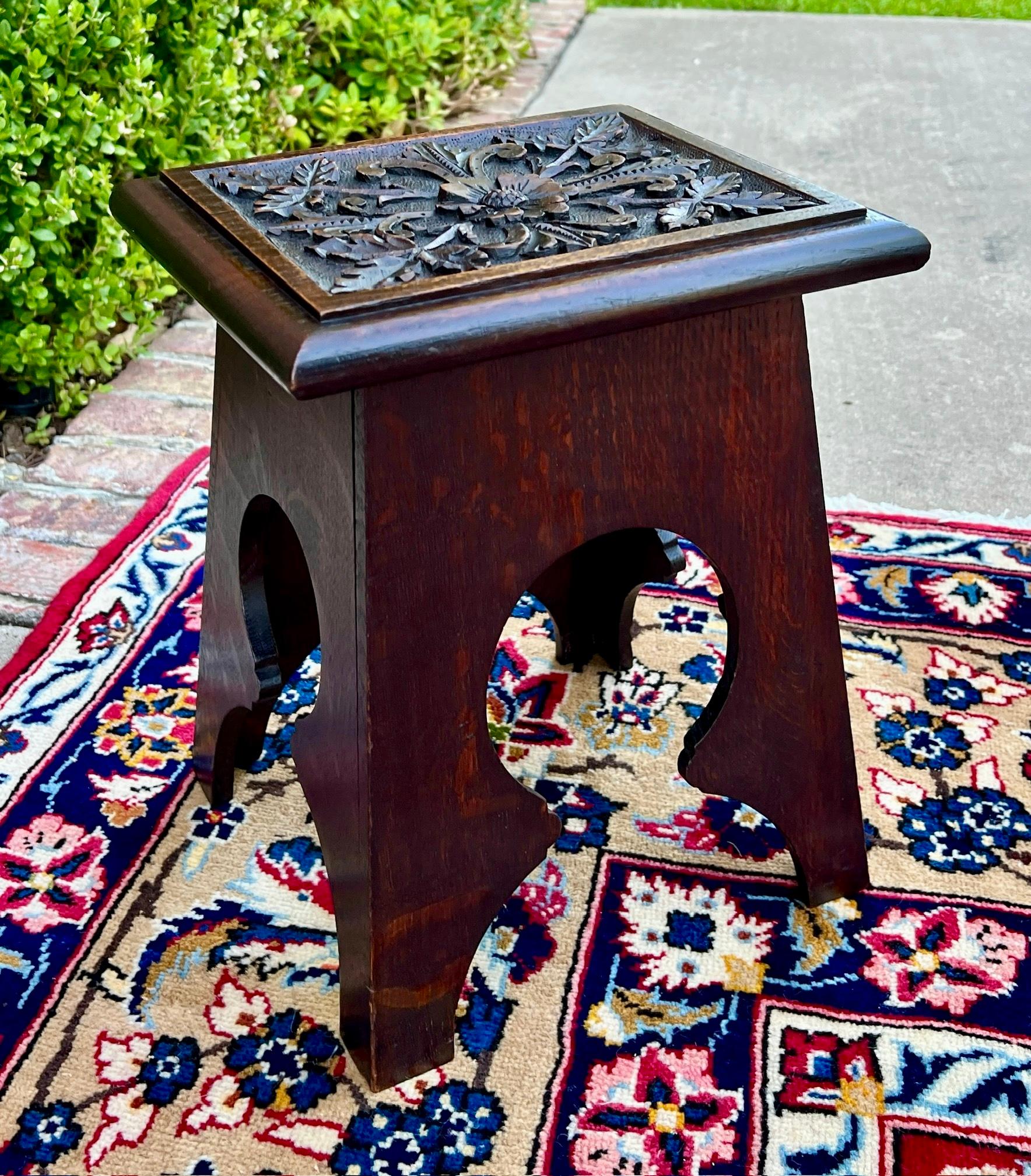 Antique English Footstool Bench Stool Carved Top Oak Rosette c. 1920s-30s 7