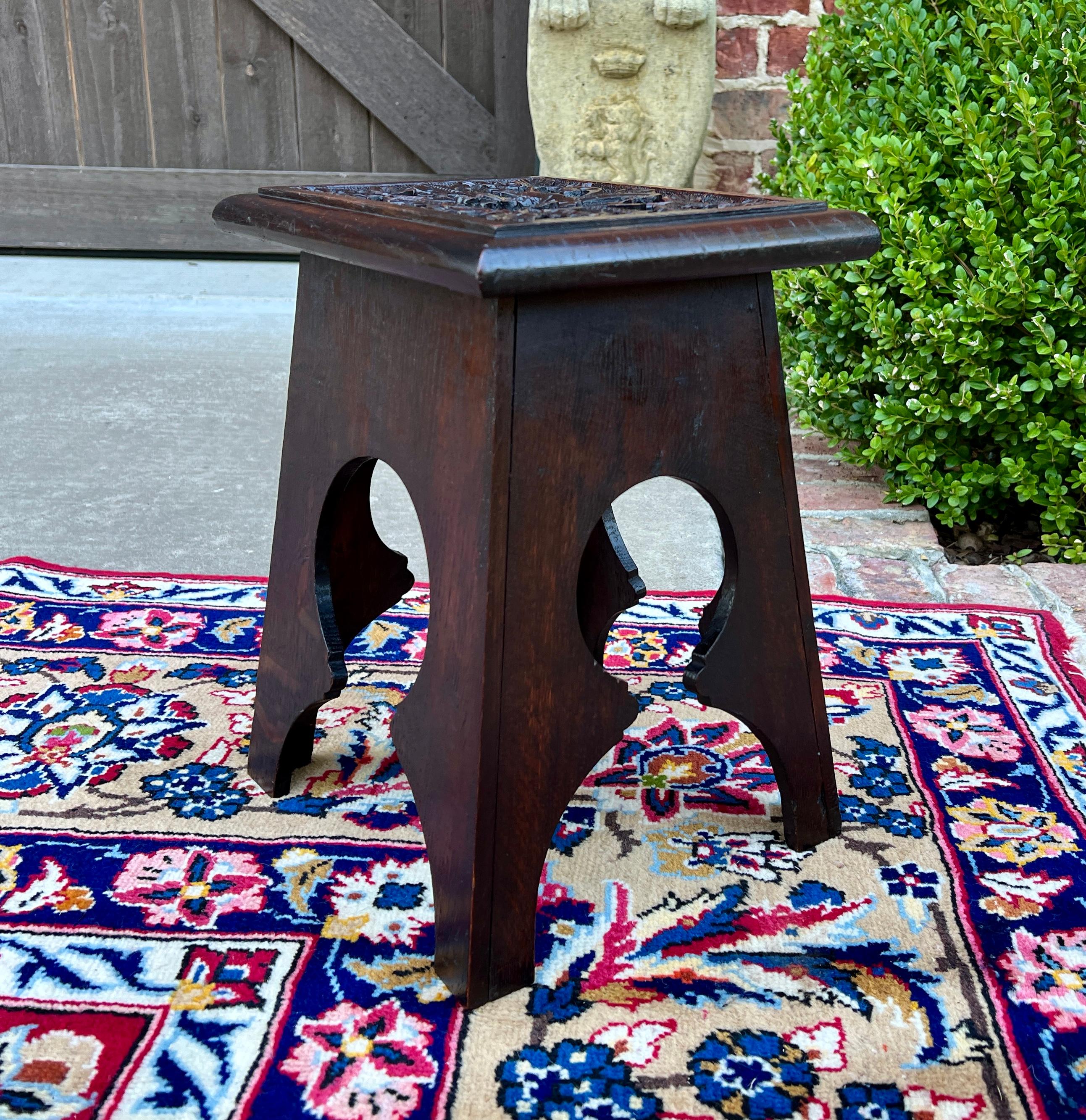 Antique English Footstool Bench Stool Carved Top Oak Rosette c. 1920s-30s 11