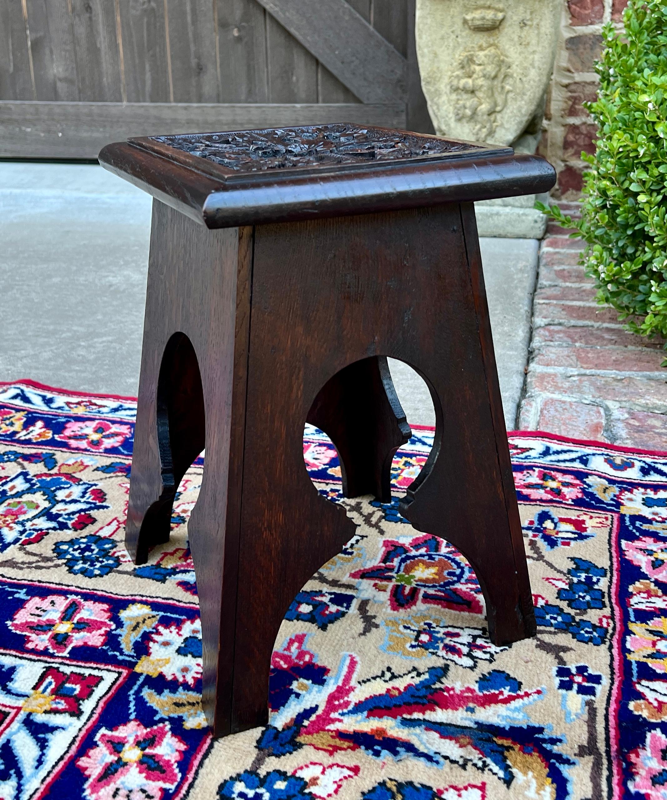 Antique English Footstool Bench Stool Carved Top Oak Rosette c. 1920s-30s 12
