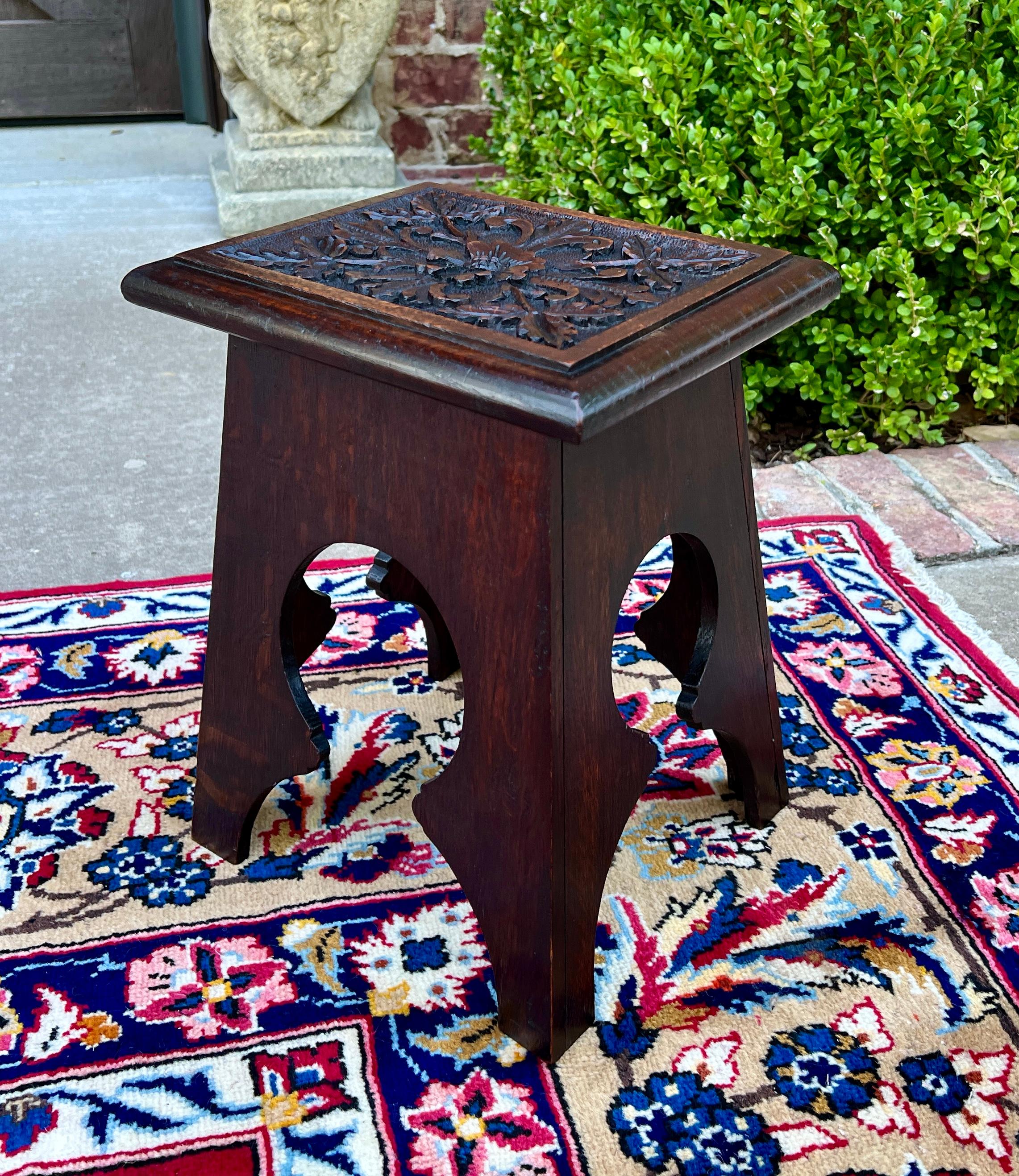 Antique English Footstool Bench Stool Carved Top Oak Rosette c. 1920s-30s 1