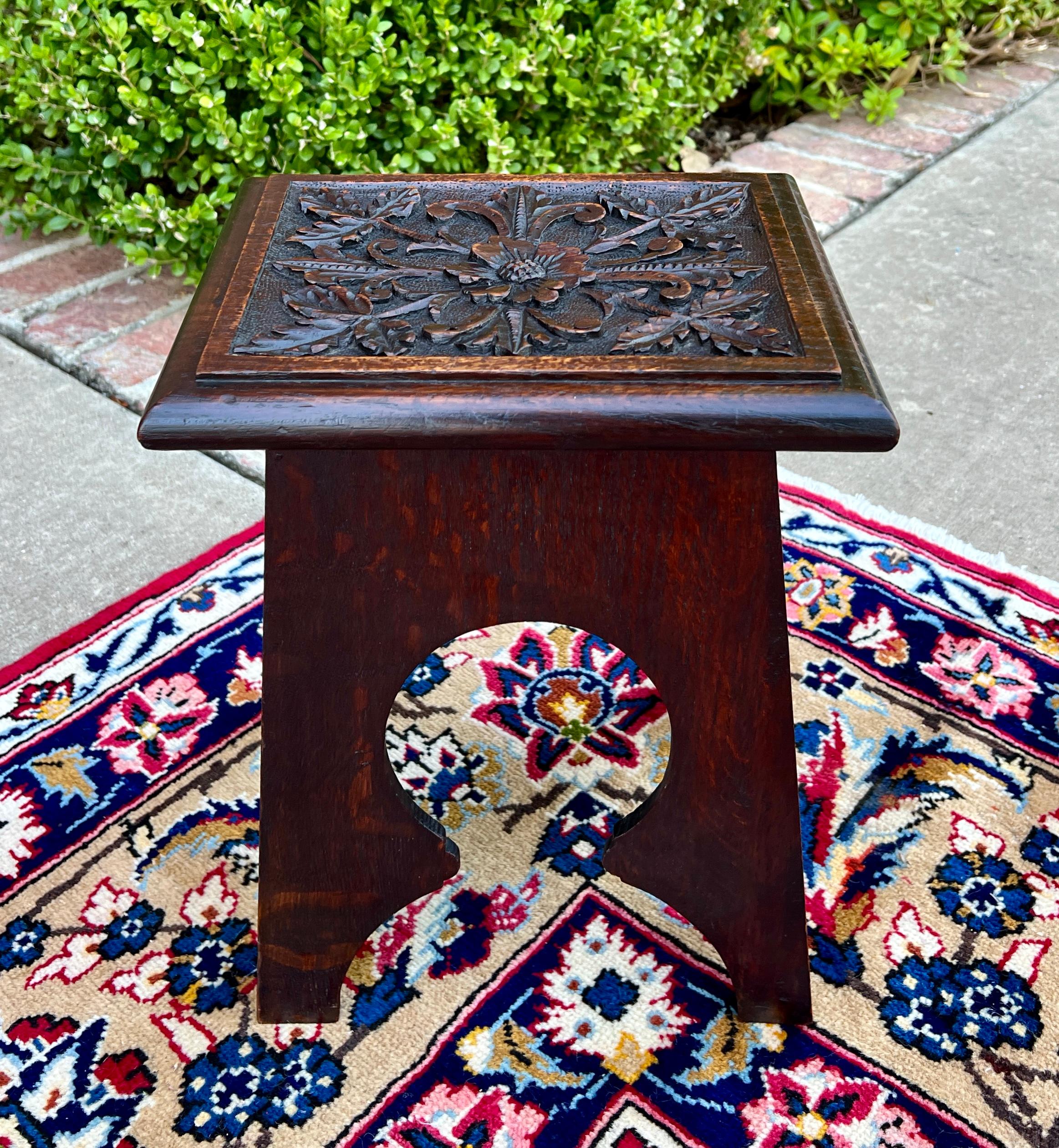 Antique English Footstool Bench Stool Carved Top Oak Rosette c. 1920s-30s 3