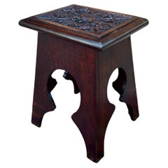Antique English Footstool Bench Stool Carved Top Oak Rosette c. 1920s-30s