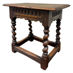 Antique English Footstool Bench Stool Joint Stool Barley Twist Carved Oak c.1900